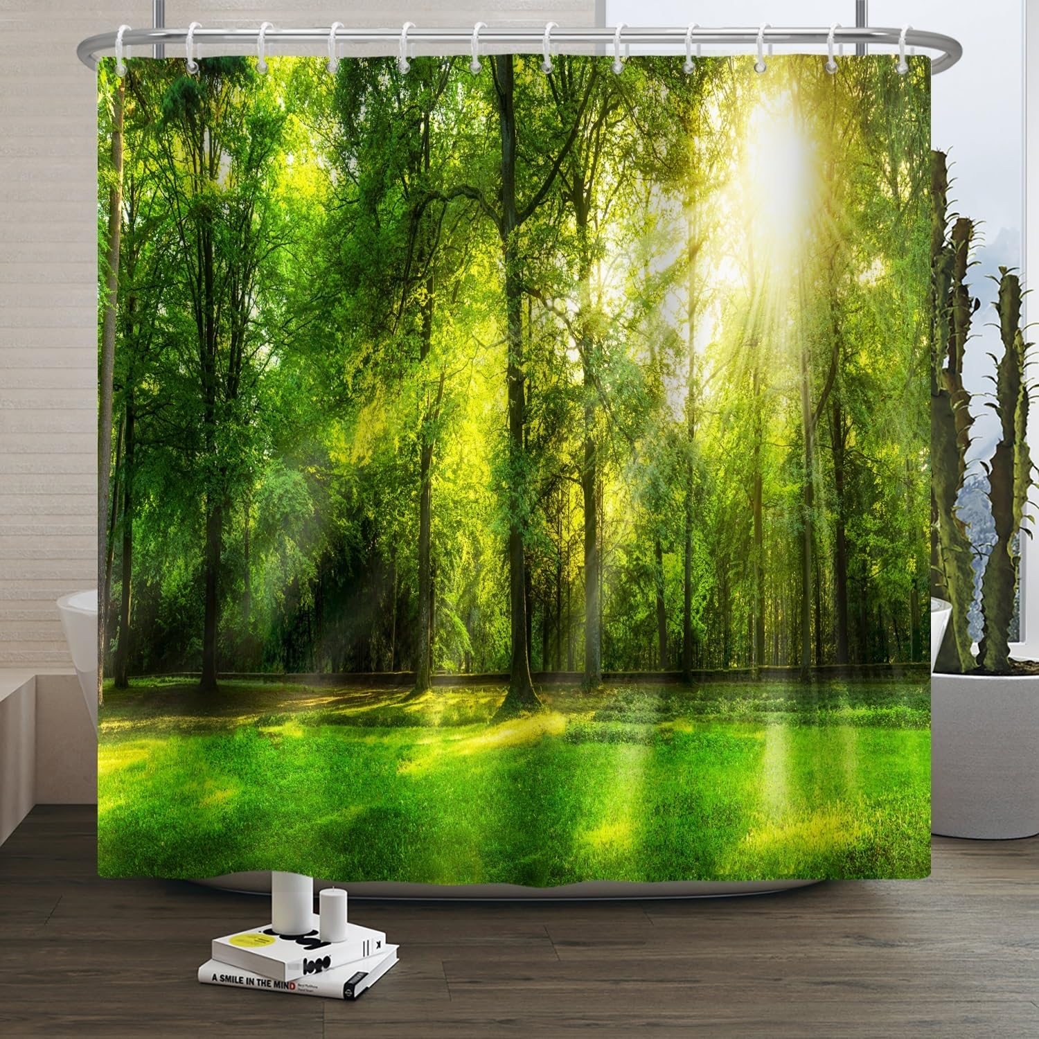 Xiaoterna Tropical Jungle Shower Curtain Green Forest Nature Landscape Sunshine Bathroom Curtain Spring Jungle Rainforest Mould Proof Washable Shower