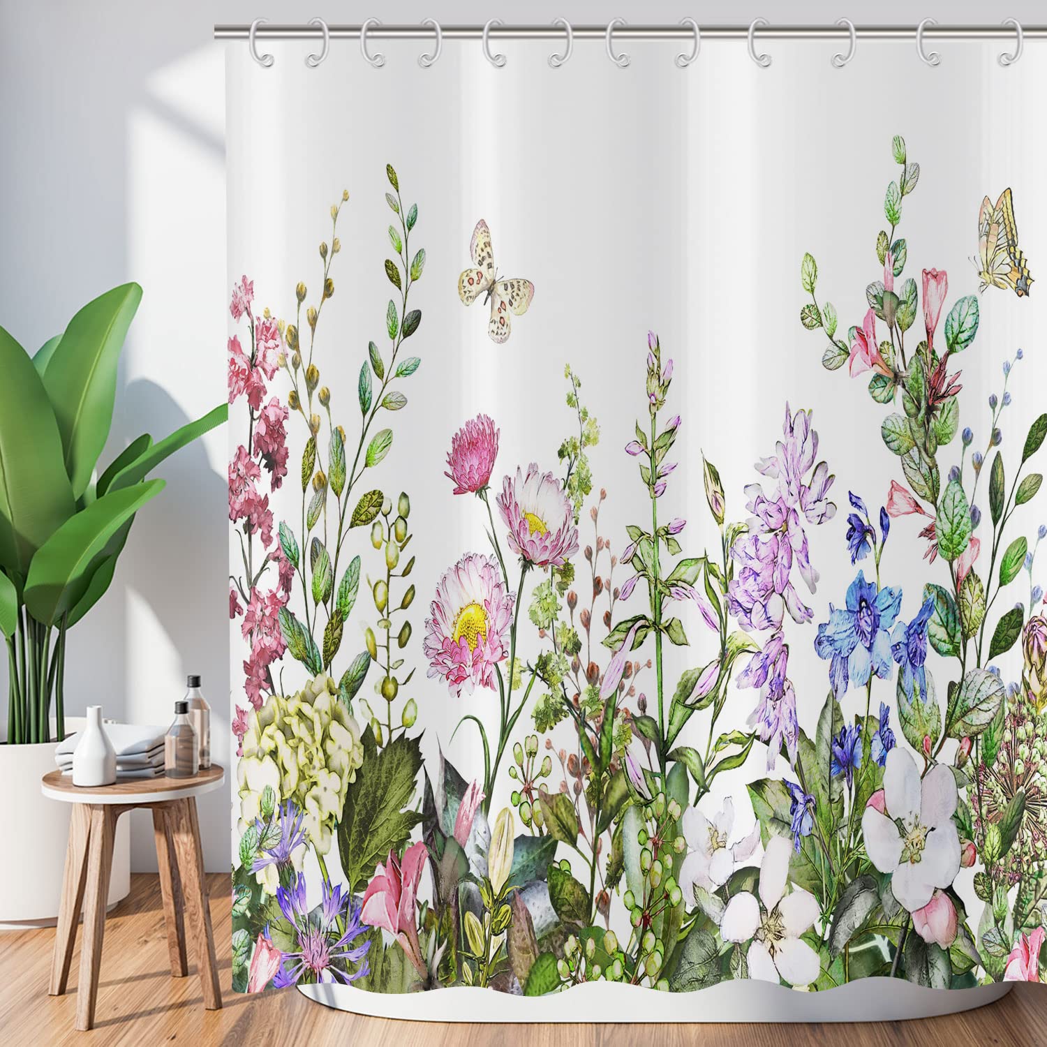 Floral Shower Curtain 180x180, Hnmdmyi Colorful Flowers Green Leaf Shower Curtains Watercolor Wildflower Plant Botanical Bathroom Curtains Waterproof