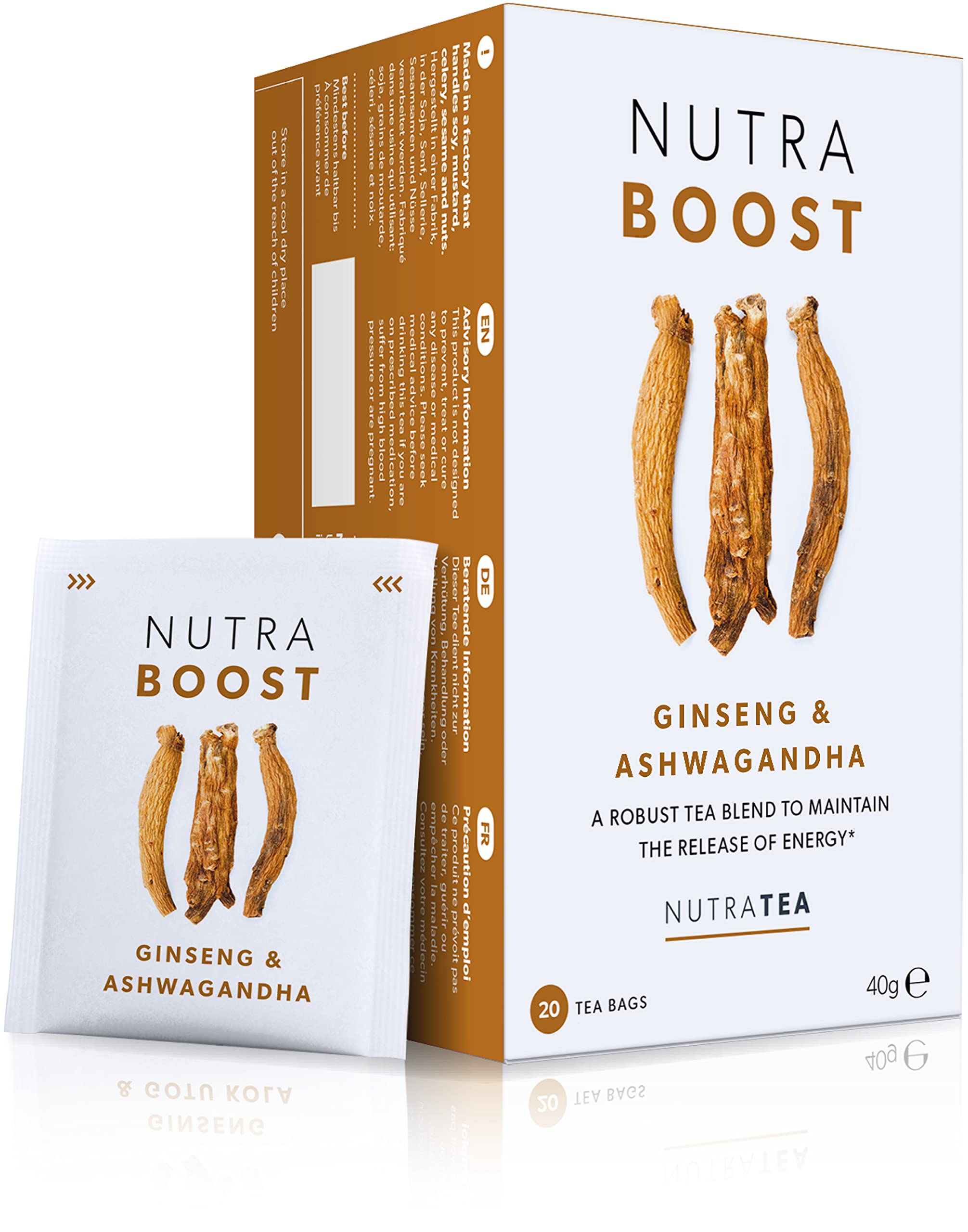 Nutra Tea NUTRABOOST - Energy Tea - Herbal Energy Boost Tea - Helps With Tiredness And Fatigue -Includes Green Tea, Ginseng & Ashwagandha - 40