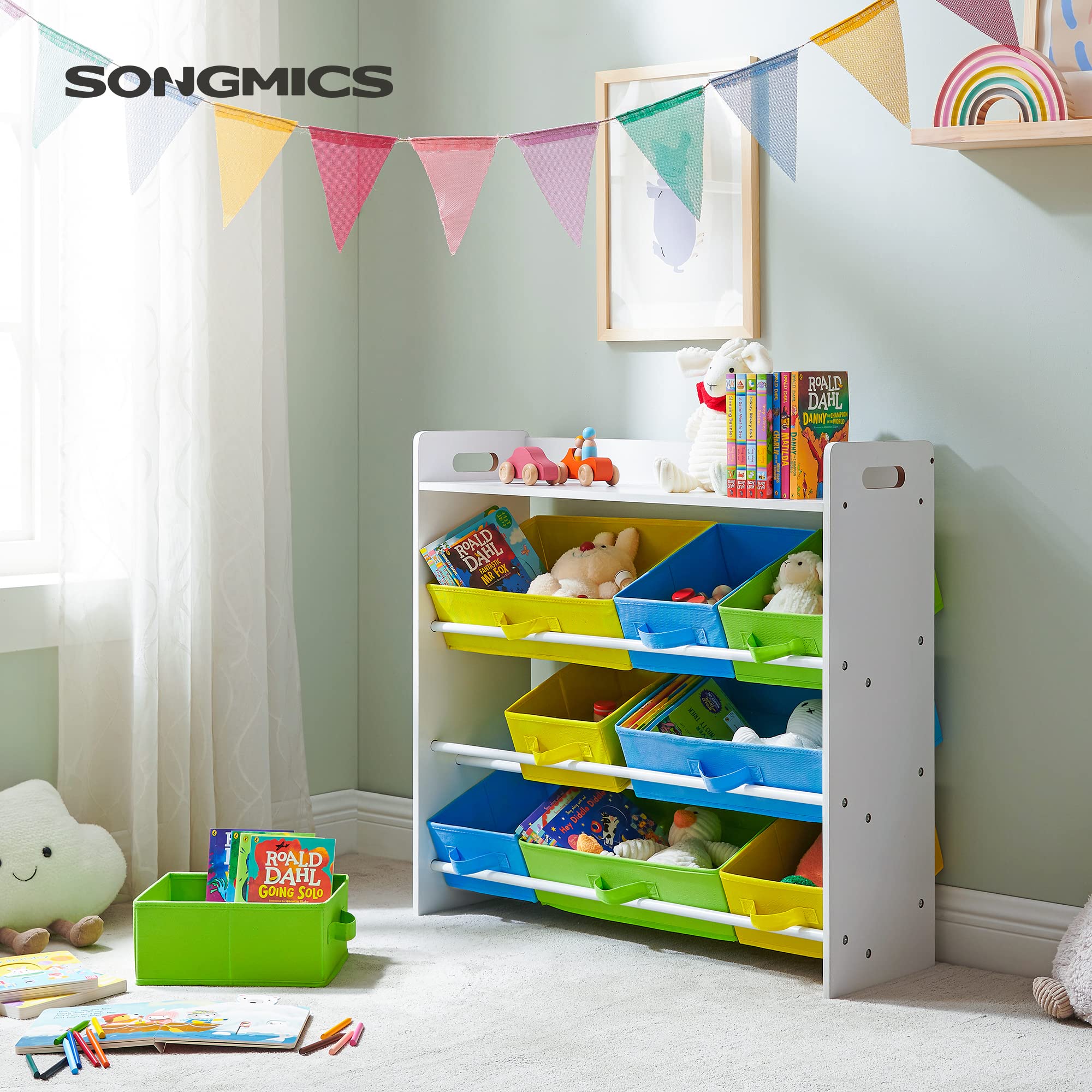 SONGMICS Toy Organiser with 9 Removable Non-Woven Fabric Bins, Kids Storage Unit and Bookshelf for Nursery Playroom, Wooden Frame with Shelf, White