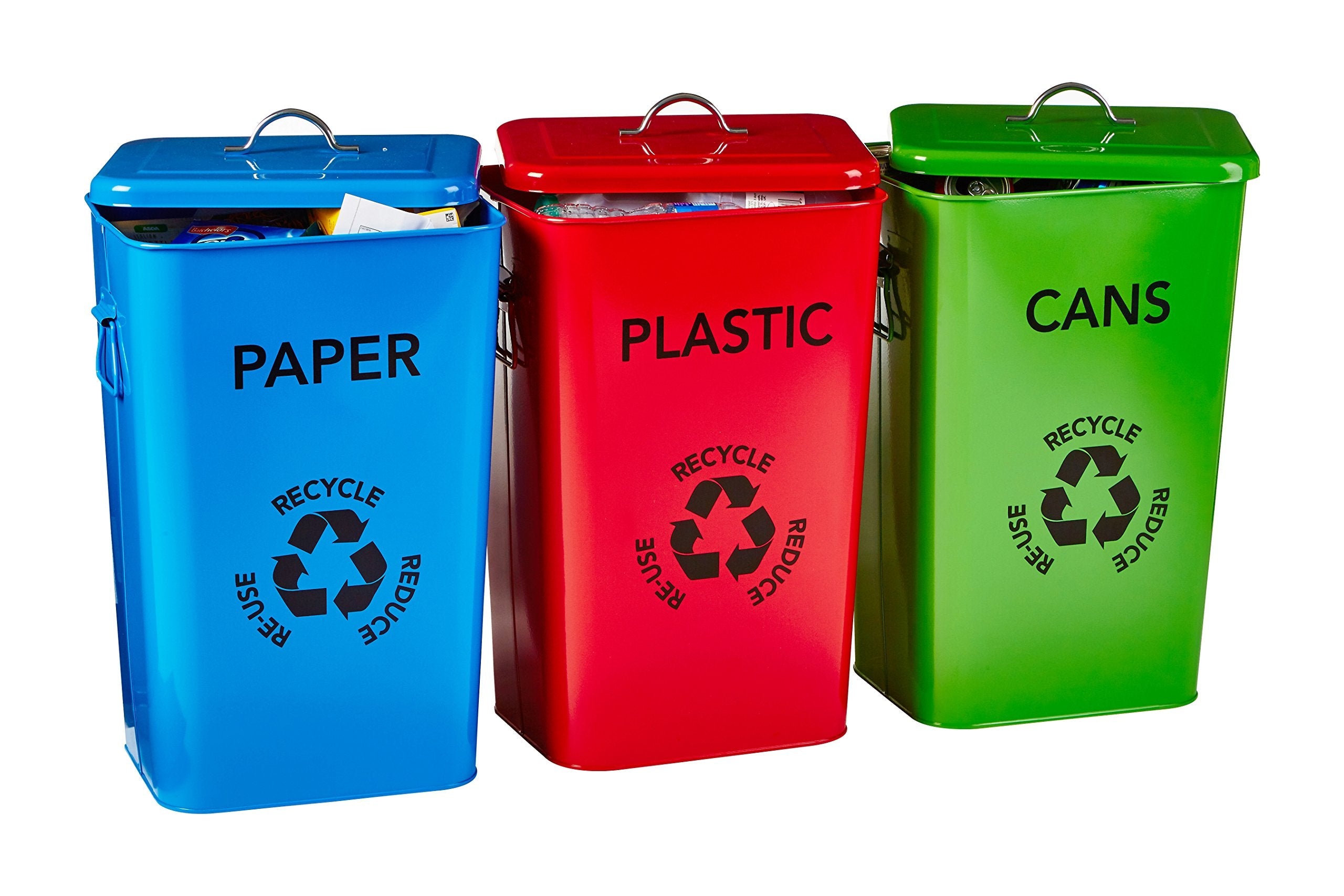 Premier Housewares Plastic, Paper and Cans Recycle Logo Bins - Multi-Colour, Set of 3