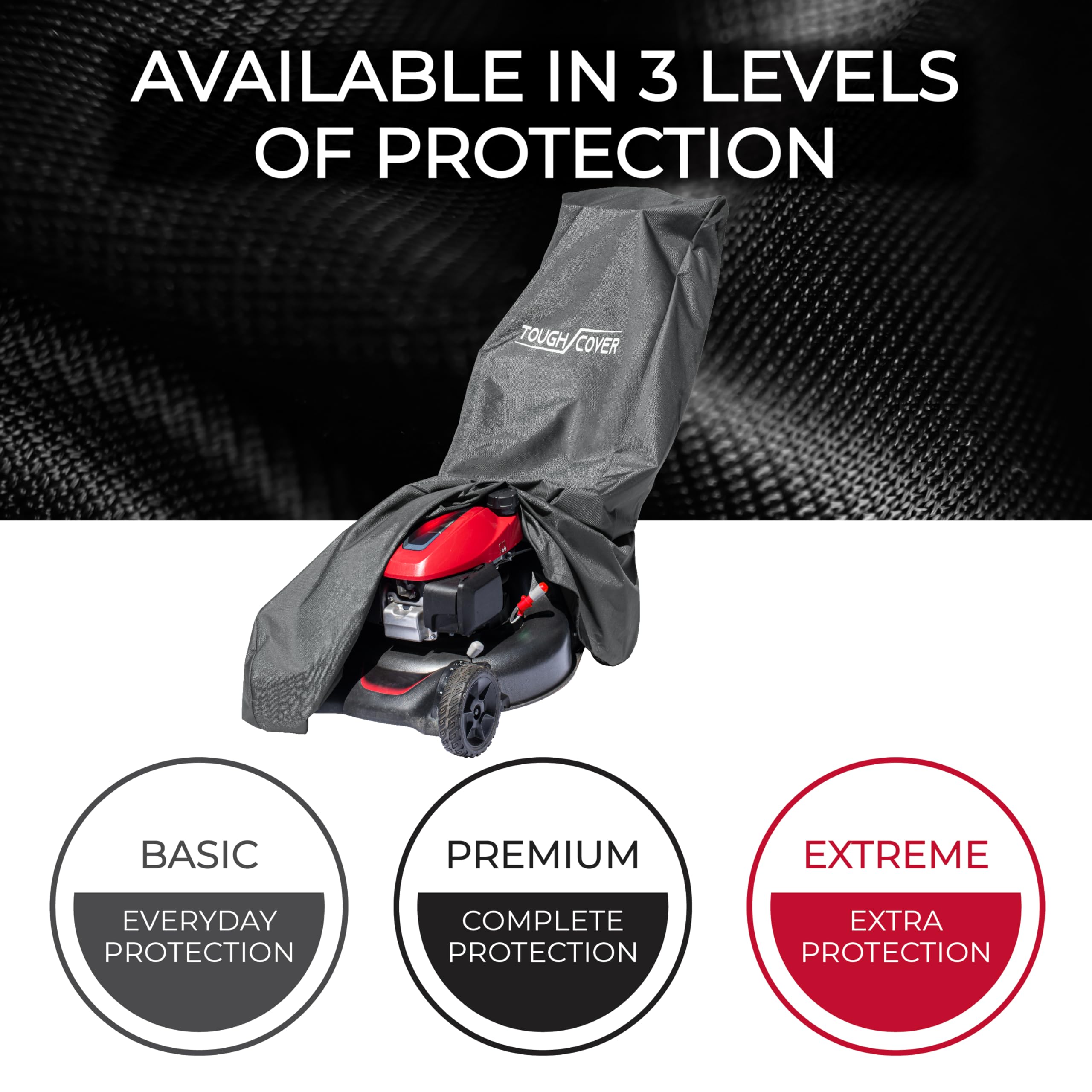 Tough Cover Extreme Conditions Lawn Mower Cover. Certified Waterproof 600D Marine Grade Fabric. Universal Fit Push Mower Cover. Protects against