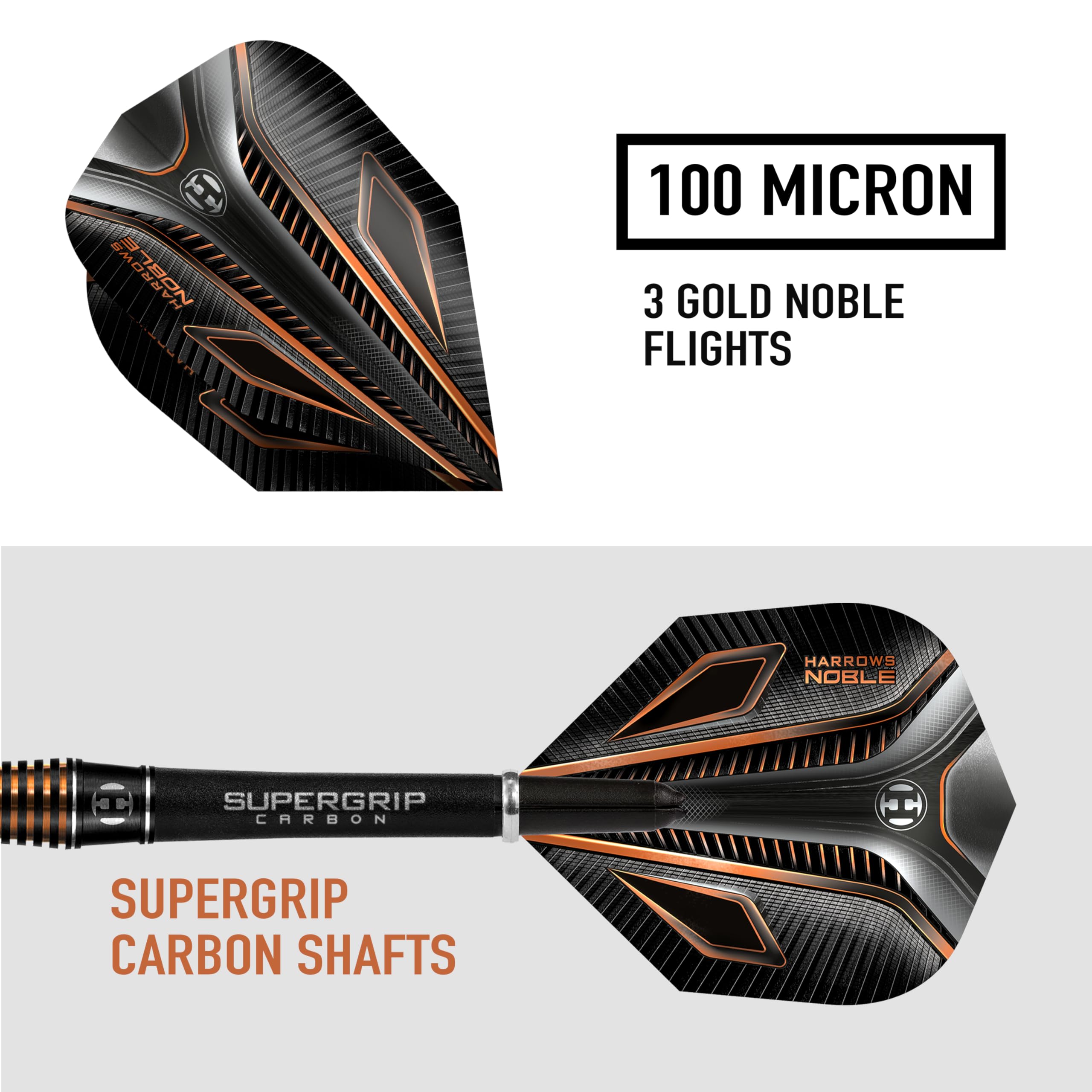 Harrows Noble 90% Tungsten Steel Tip Darts Set 22g, 23g, 24g & 25g - Includes Silver Supergrip Carbon Shafts & Micron Noble Flights (24g)