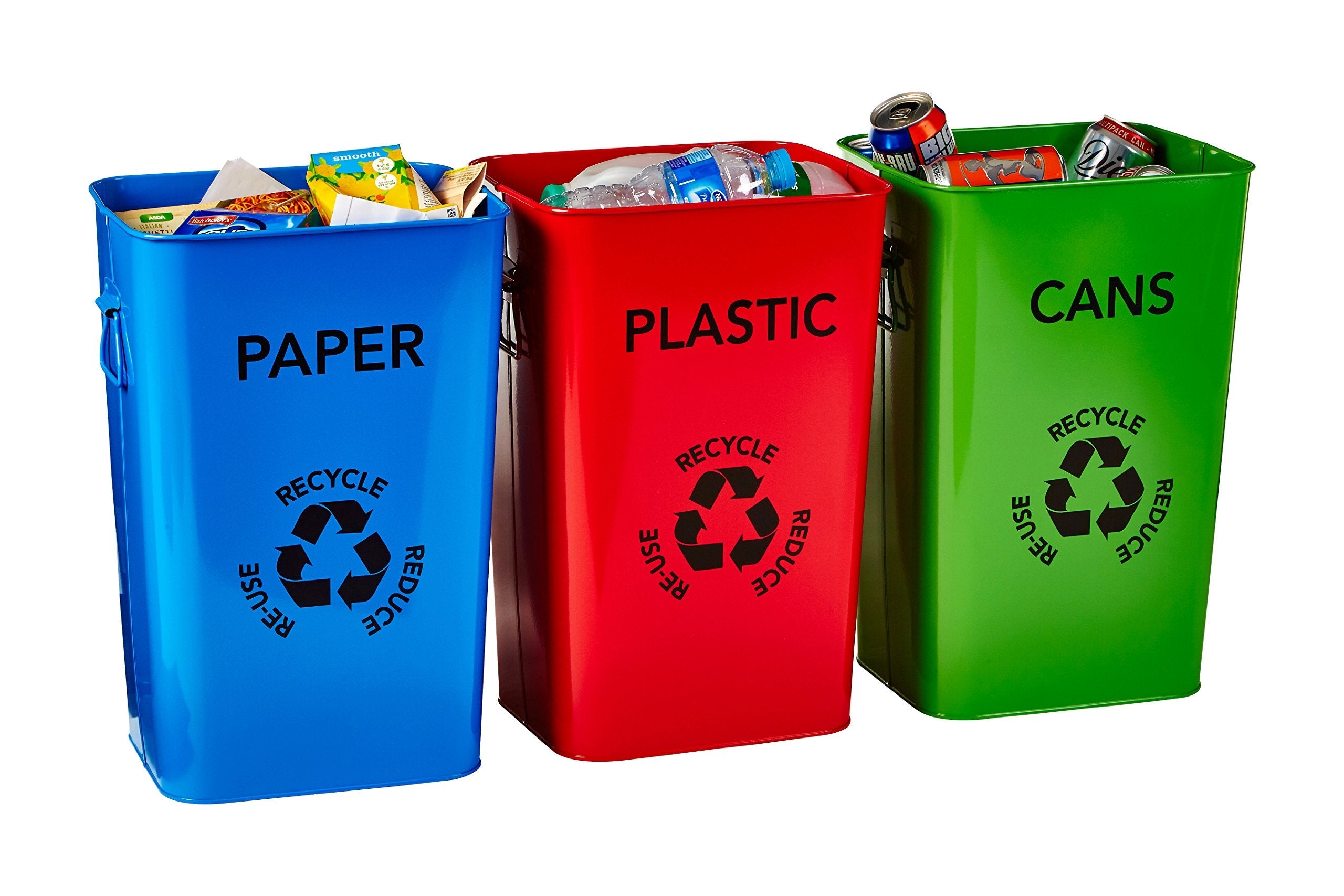 Premier Housewares Plastic, Paper and Cans Recycle Logo Bins - Multi-Colour, Set of 3