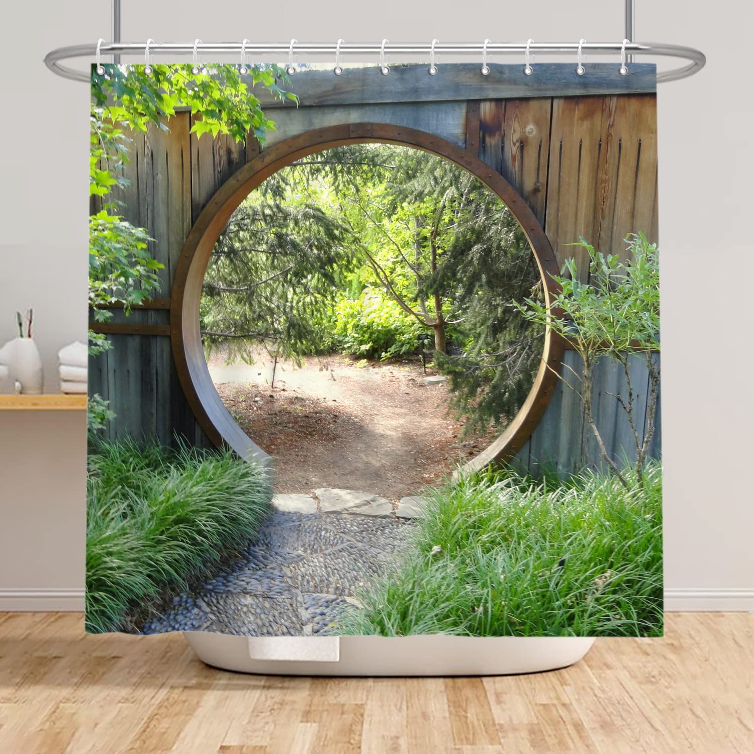 SDOTPMT 48x72inch Garden Scenery Shower Curtain Green Botany Leaves Natural Village Bath Curtain Round Wooden Door Farmhouse Vintage Bathtub Curtain