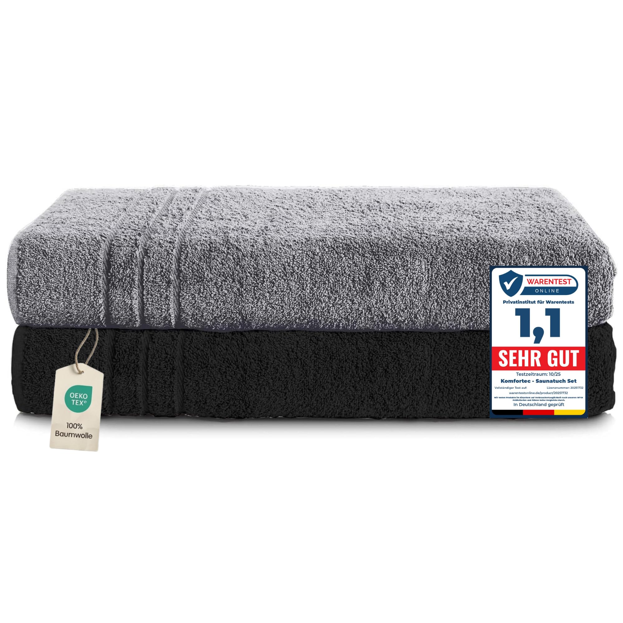 Komfortec Set of 2 Sauna Towels, 80 x 200 cm, 100% Cotton, XXL Sauna Towels, Soft, Large, Terry Cloth, Quick Drying, Anthracite Grey/Black