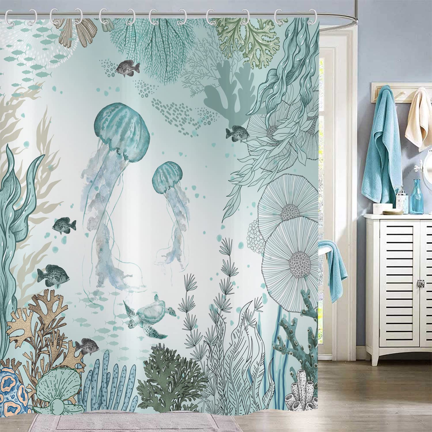 Hnmdmyi Jellyfish Shower Curtain 180x200, Nautical Coastal Tropical Fish Coral Teal Ocean Themed Underwater Marine Life Bathroom Curtains Waterproof