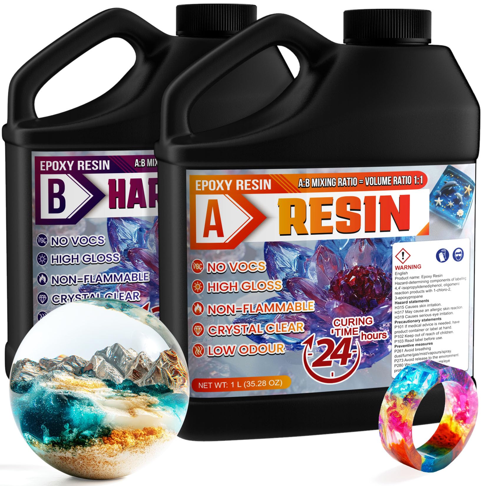 Epoxy Resin - 2L Crystal Clear Resin Kit for Jewellery Making, DIY Art &Craft, Coasters, Casting, Ornament, Mold, Low Odour, Non-Toxic, Self-Leveling