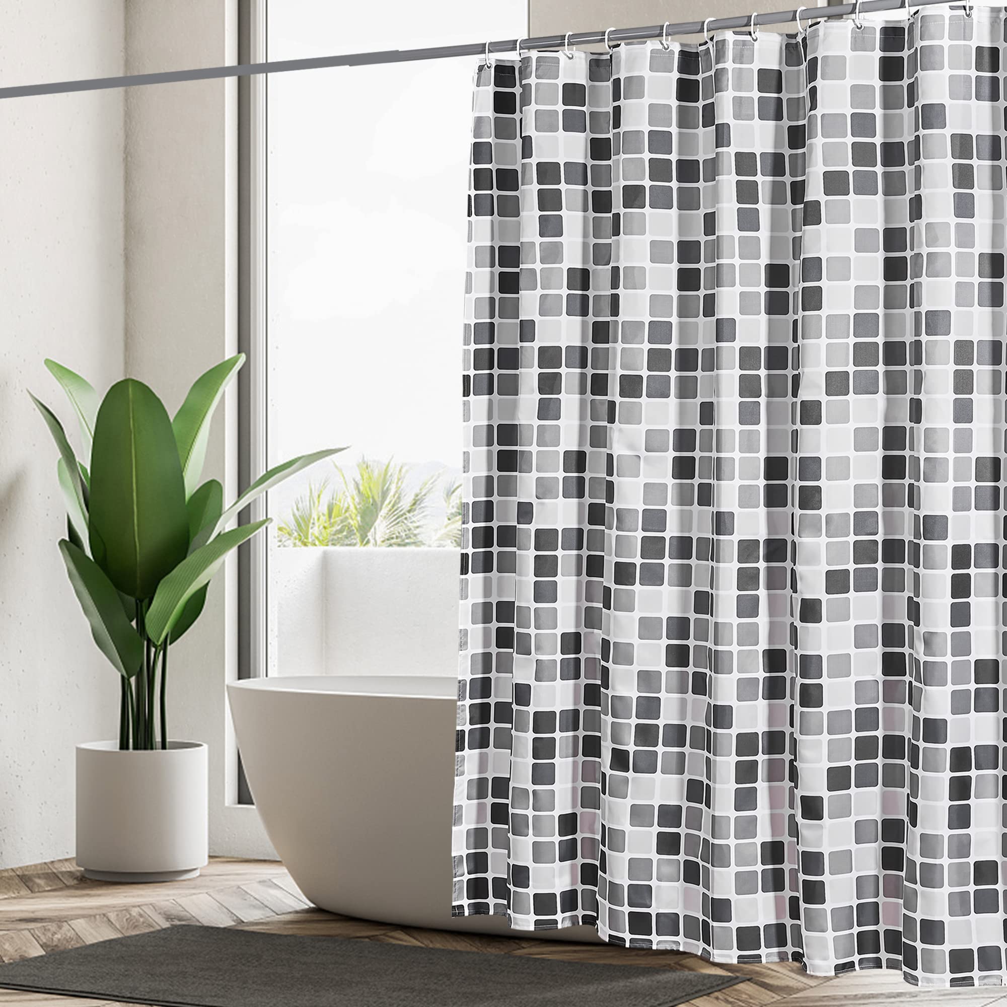 GERUIKE Weighted Extra Wide Shower Curtain 240 x 200 cm, Waterproof Anti-Mould Textile 130GSM Polyester Fabric, Machine Washable with 12 Rings & Black