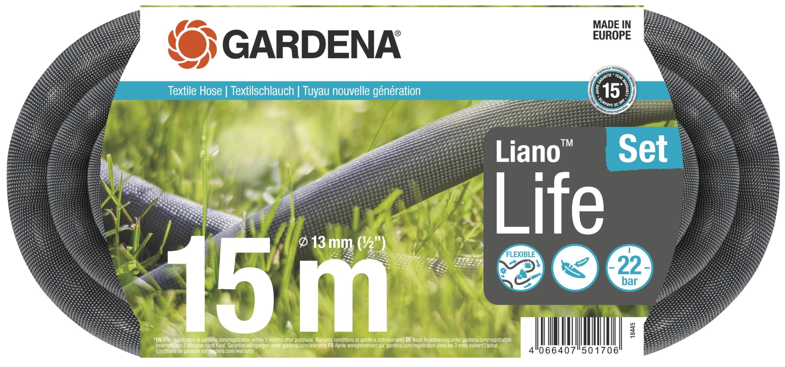 Gardena Liano Life Textile Hose 1/2 inch, 15m: Highly flexible textile garden hose, with PVC inner tube, no kinking, lightweight, weather-resistant