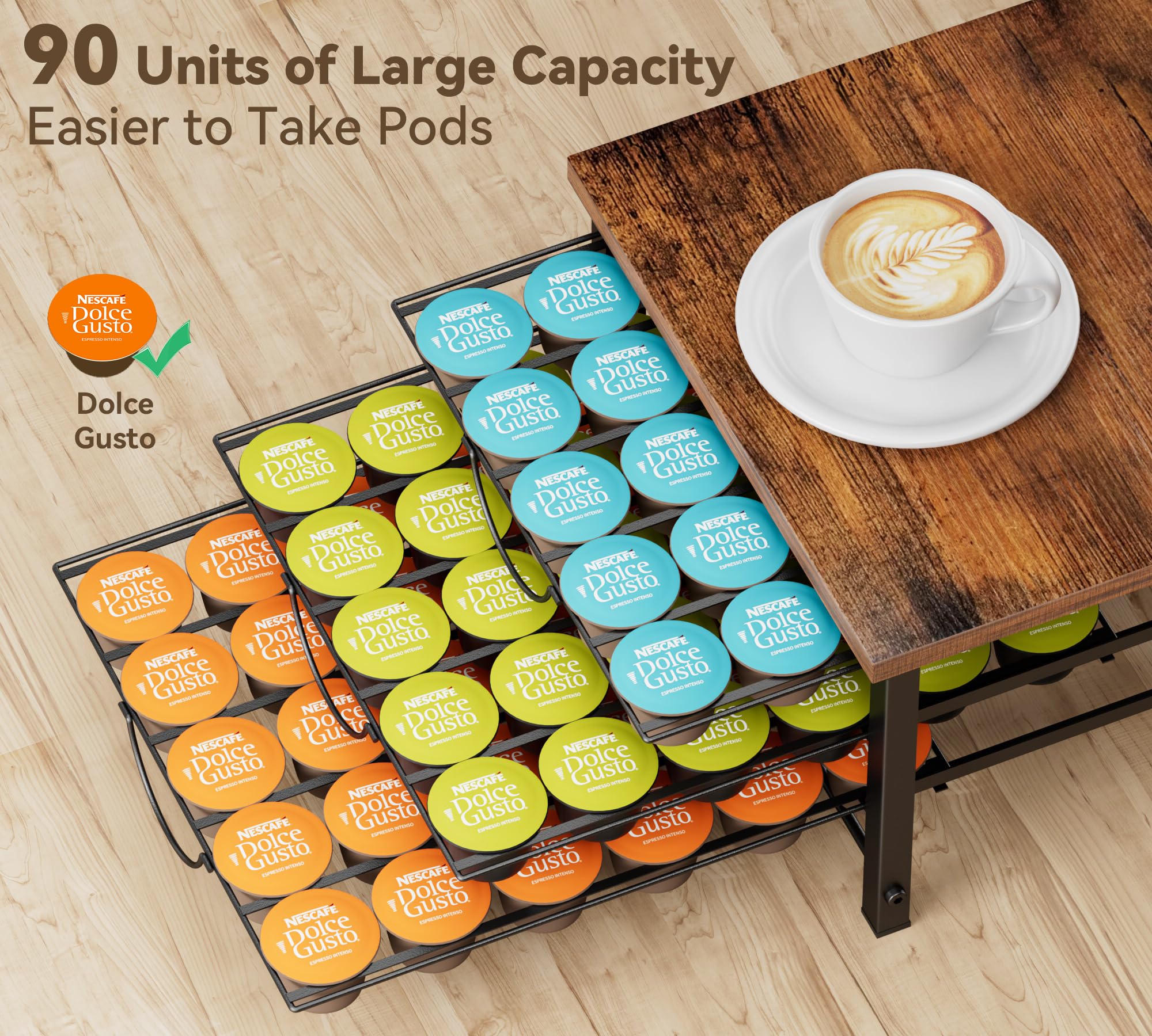 Coffee Pod Holder for Dolce Gusto, 90 Capsules Storage Drawer, 3-Tier Thick Metal with Sturdy Wooden Top, Vintage Coffee Pod Storage with Non-Slip
