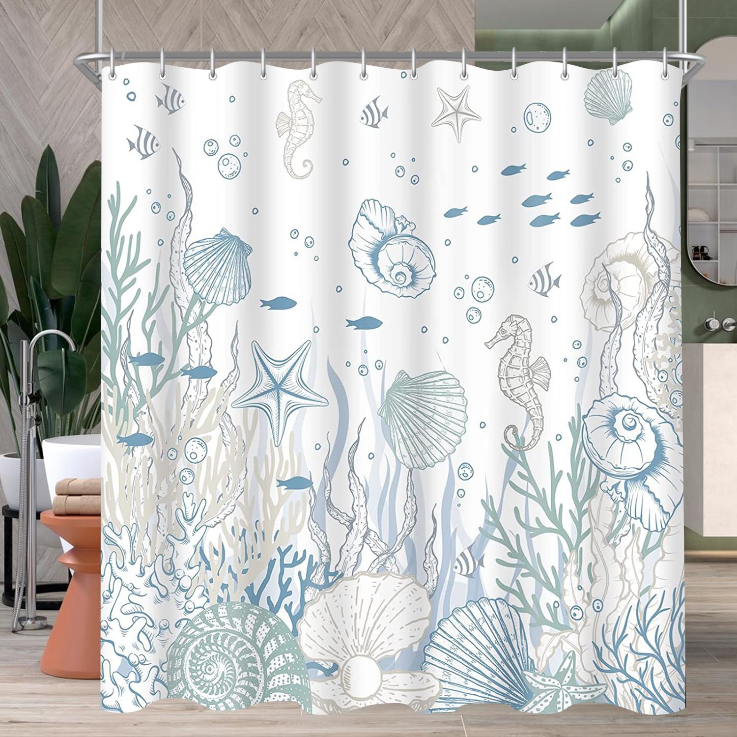 Lerores Shower Curtain 71x71 inch,Seabed Mould and Mildew Resistant,Waterproof,Washable Polyester Fabric Bath Curtains with Weight Tape,12 pcs Hooks
