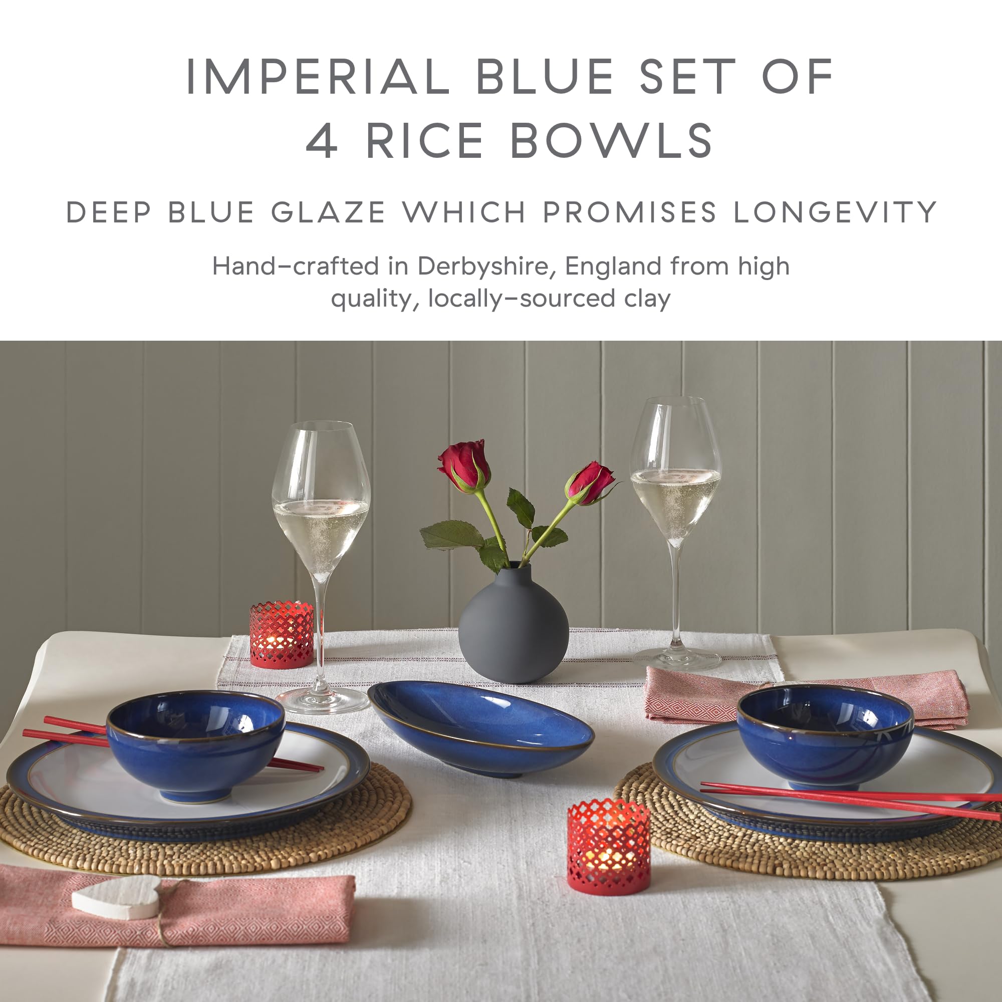 Denby - Imperial Blue Rice Bowls Set of 4 - Dishwasher Microwave Safe Crockery 480ml 13cm - Royal Blue Ceramic Stoneware Tableware - Chip & Crack