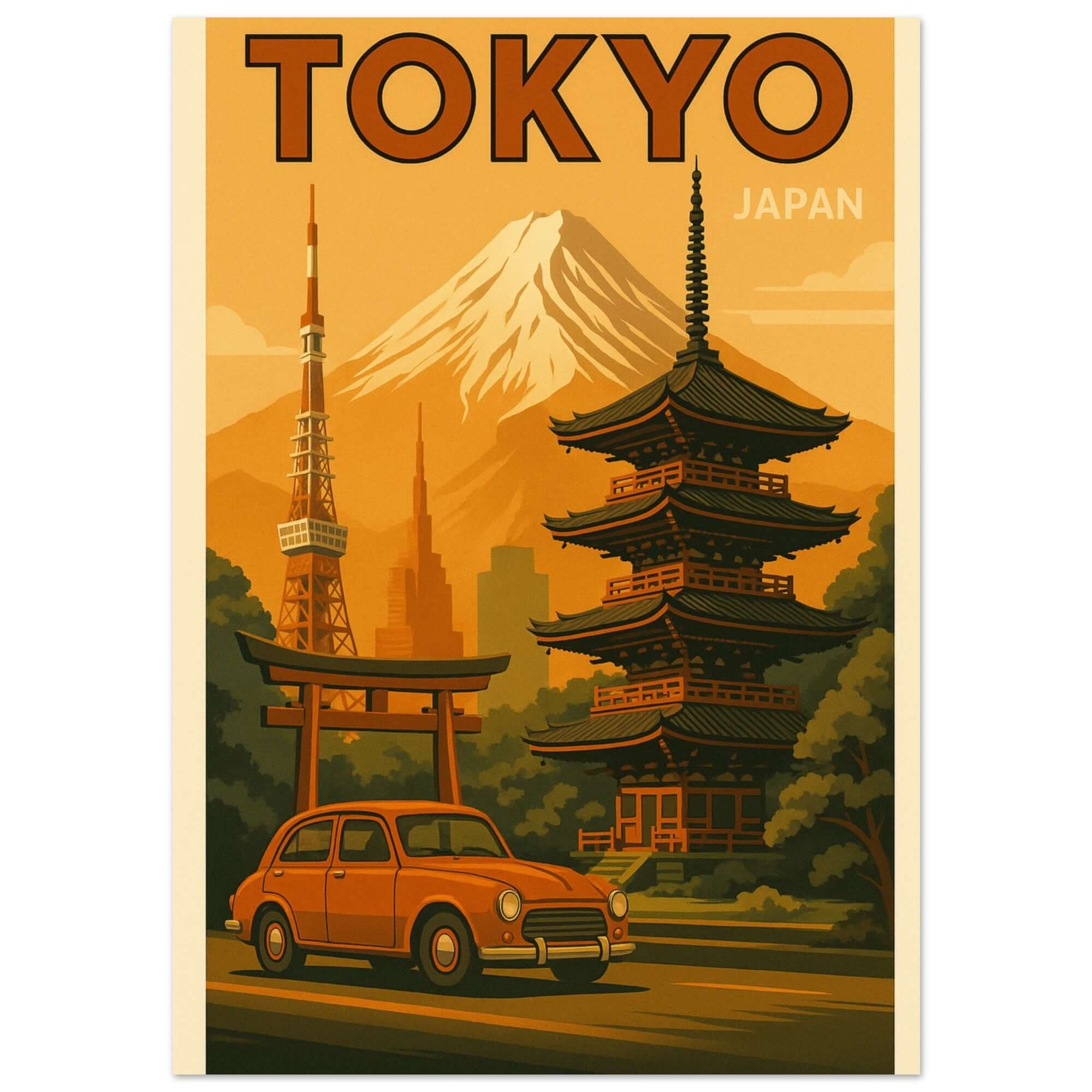 Vintage Tokyo Travel Poster – Retro Japan Wall Art with Mount Fuji