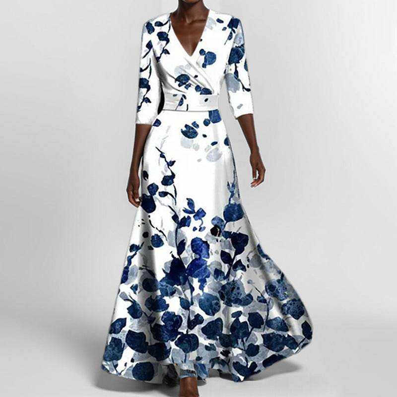 Fashion Print Half-sleeve V-neck Dress Temperament Slim Tight Waist Dresses For Women