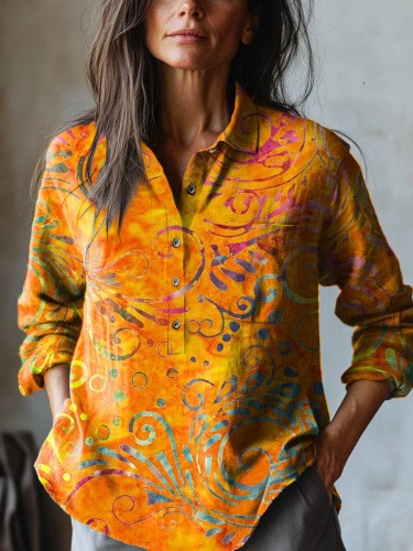 Women's Printed Casual Half Button Lapel Long Sleeve Top