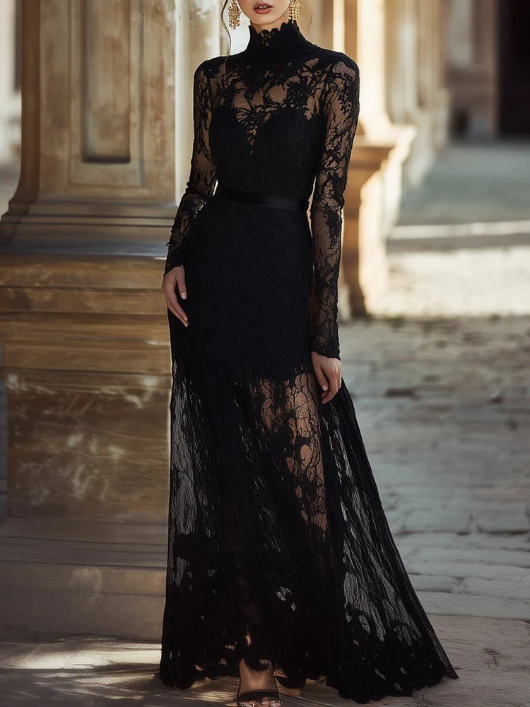 Women's Solid-color Hollow-out Vintage Stand-collar Long-sleeve Lace Maxi Dress With A Fitted Waist