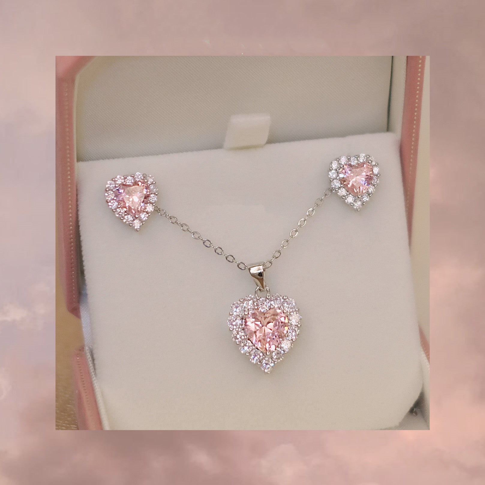 Love Heartbeat Pink Love Zircon Earrings Necklace Set Qixi Valentine's Day Gift For Girlfriend