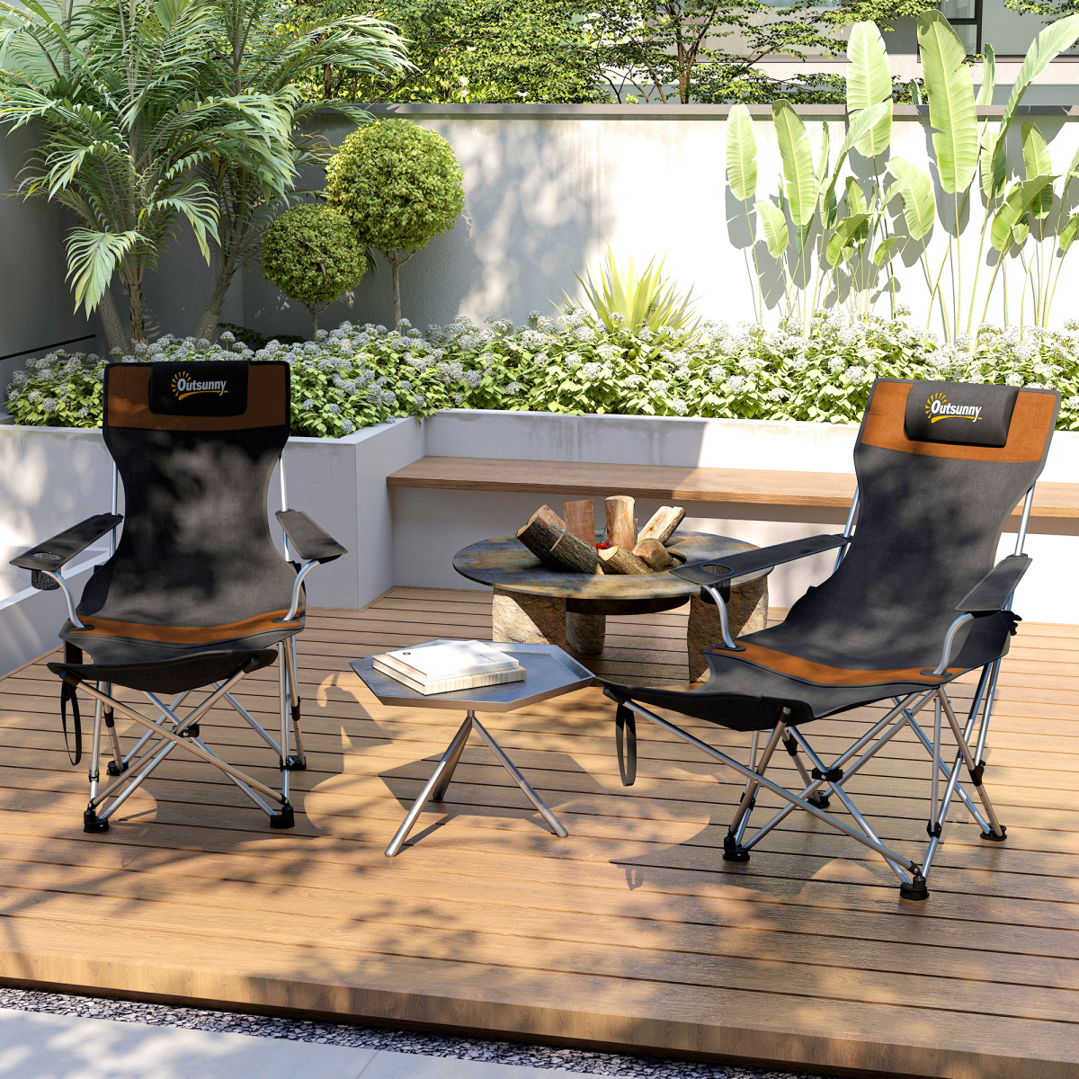 Outsunny Set of 2 Reclining Camping Chairs, Orange and Black