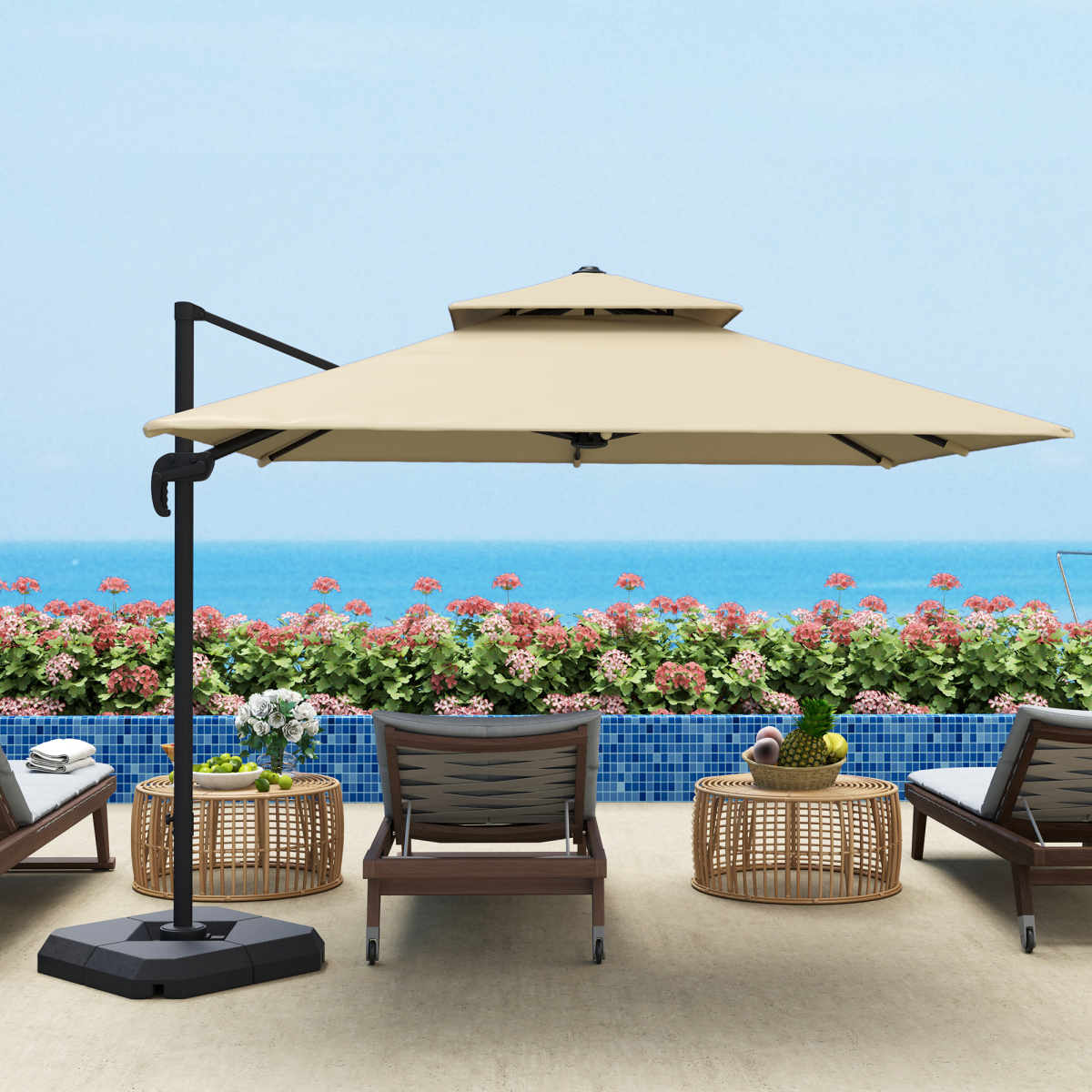 Outsunny 360° Cantilever Parasol Roma Umbrella w/ Base Weights, Khaki