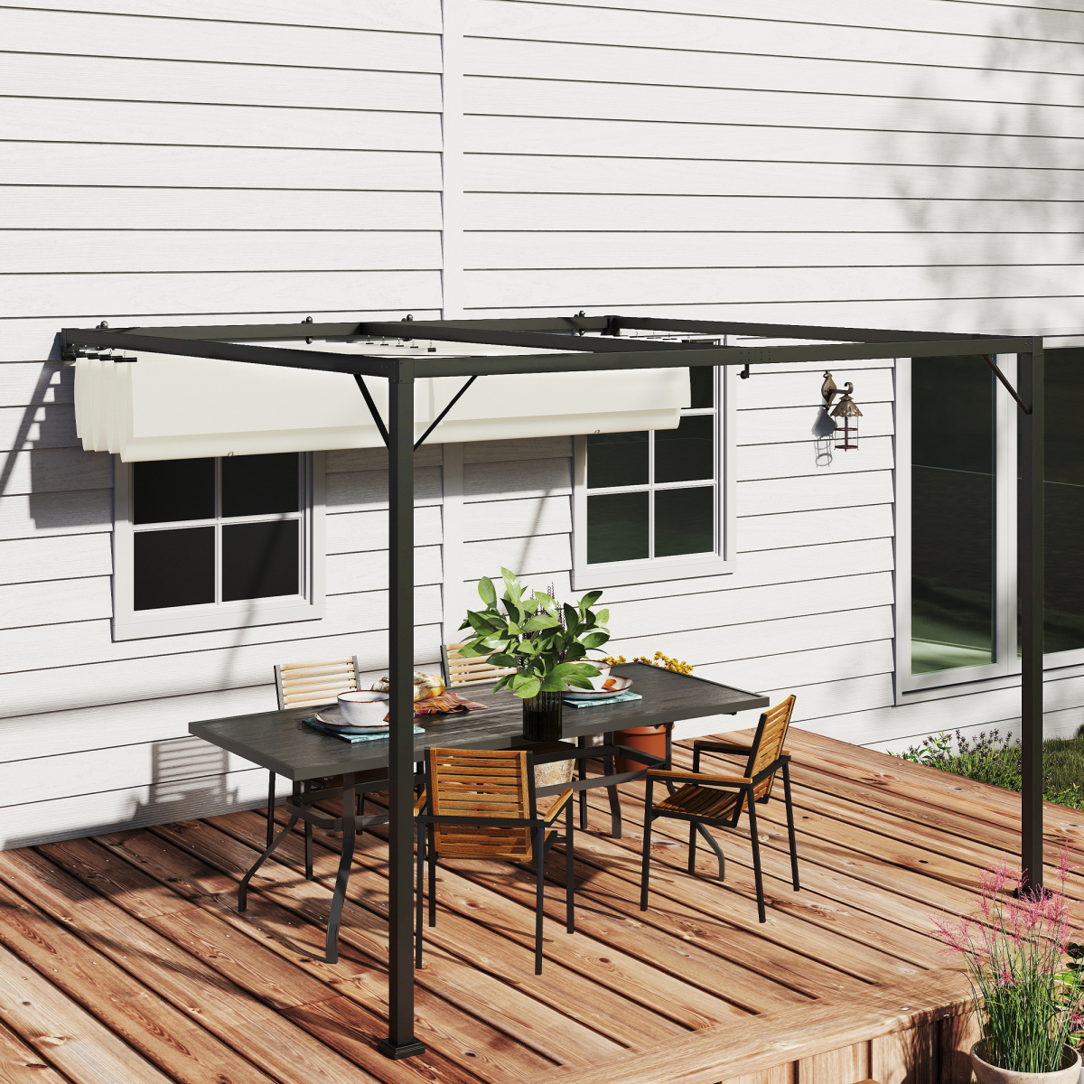 Outsunny 3 x 3(m) Outdoor Pergola Retractable Canopy Wall Mounted, Cream
