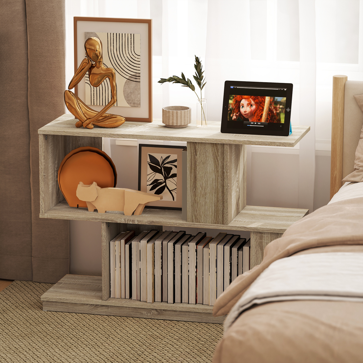 HOMCOM Modern Narrow End Table, S-Shaped Nightstand, Natural Wood Finish