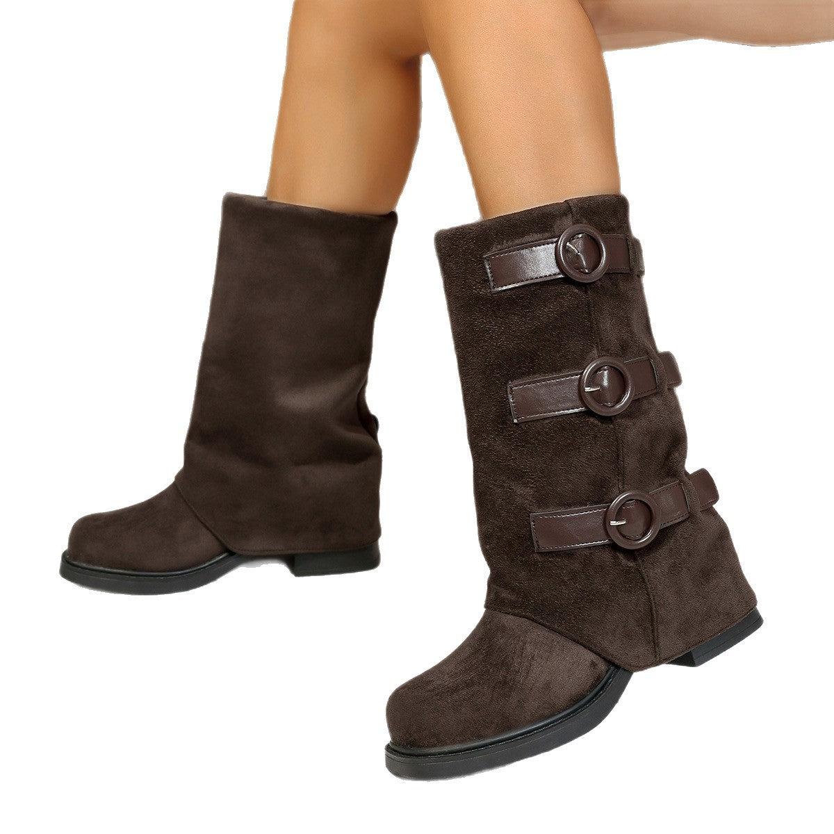 Vintage Suede Belt Buckle Pantyhose Boots