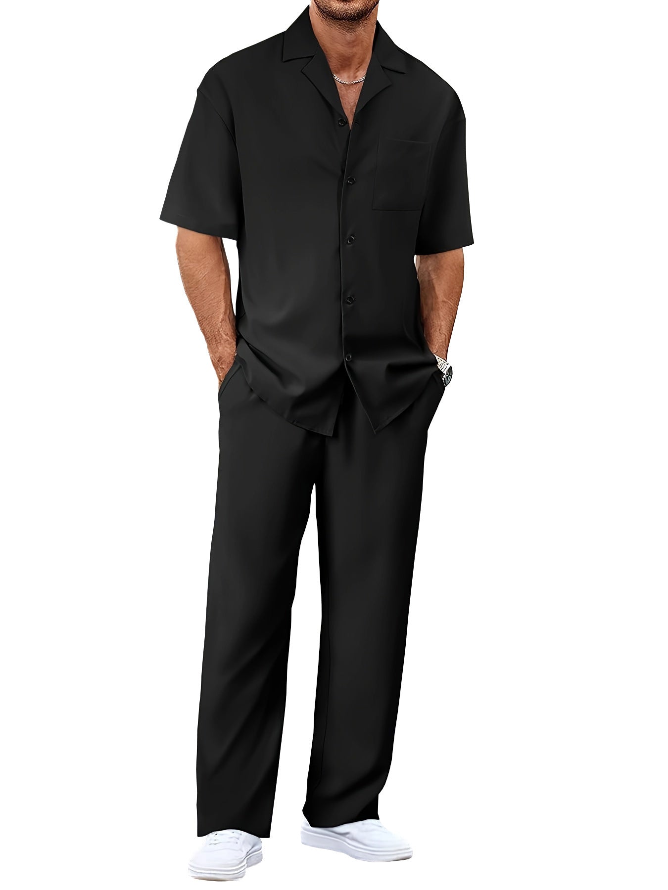 Men's Trousers Suit Fashion Lapel Button Short Sleeve Shirt And Pocket Straight Pants Clothing