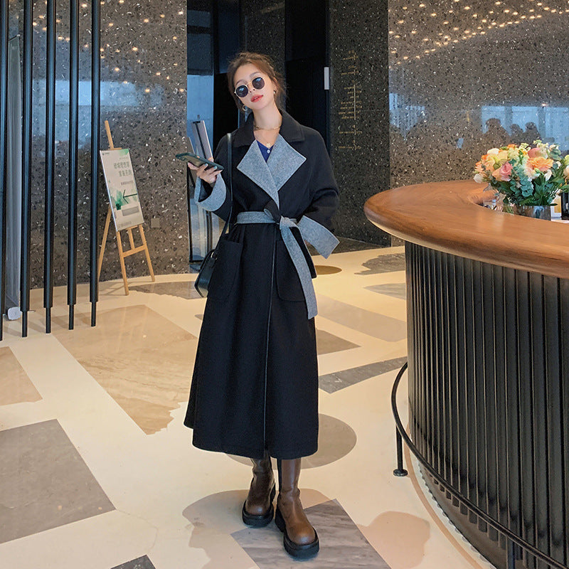 New Loose Mid-length Contrast Stitching Woolen Coat