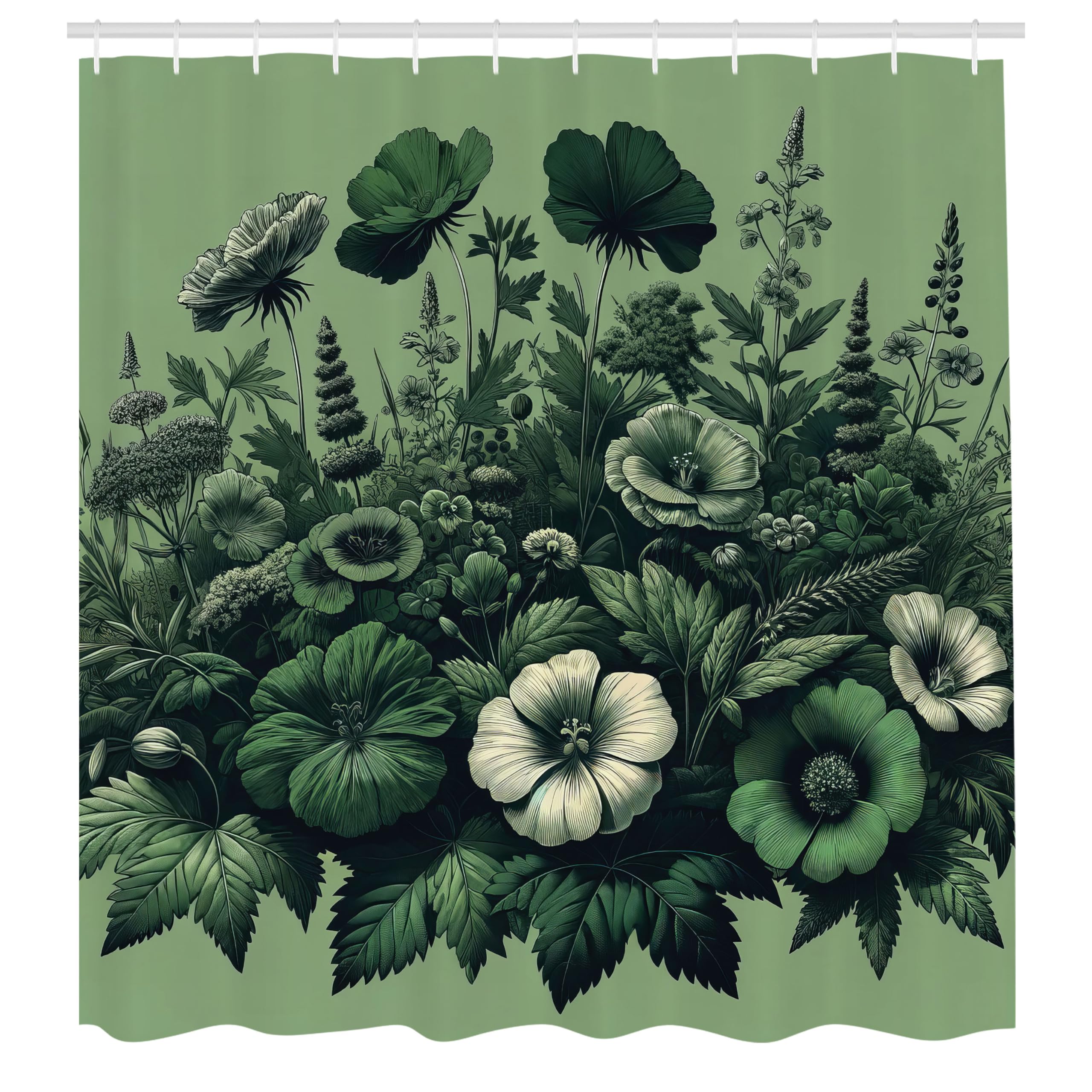 ABAKUHAUS Dark Green Shower Curtain, Wildflowers and Leaves, Cloth Fabric Bathroom Decor Set with Hooks, 175 x 200 cm, Emerald Green