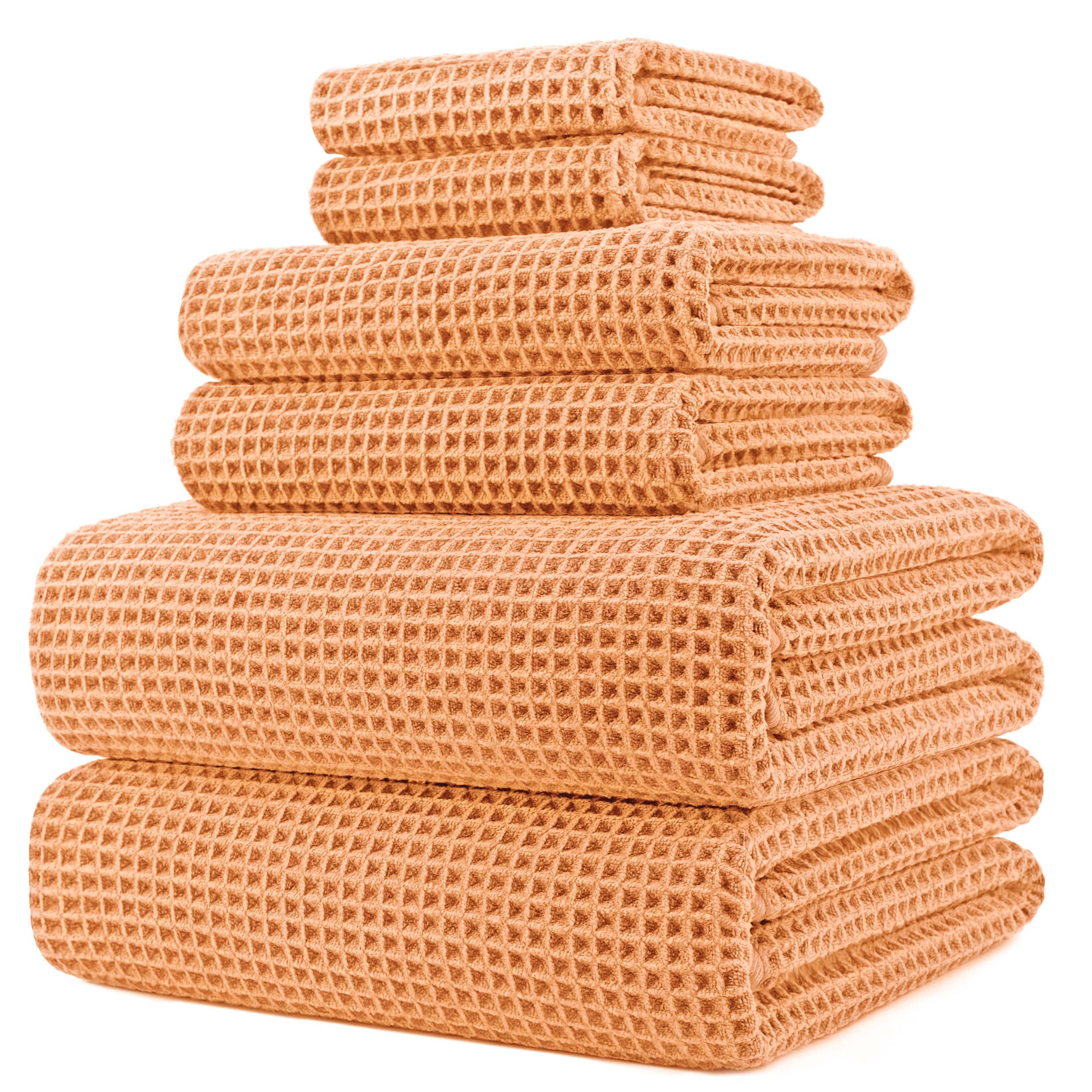 POLYTE Microfibre Oversize, 76 x 152 cm, Quick Dry Lint Free Bath Towel Set, 6 Piece (Orange, Waffle Weave)