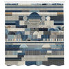 ABAKUHAUS Navy Blue Shower Curtain, Geometric Shapes Stripes, Cloth Fabric Bathroom Decor Set with Hooks, 175 x 200 cm, Slate Blue Almond Ecru