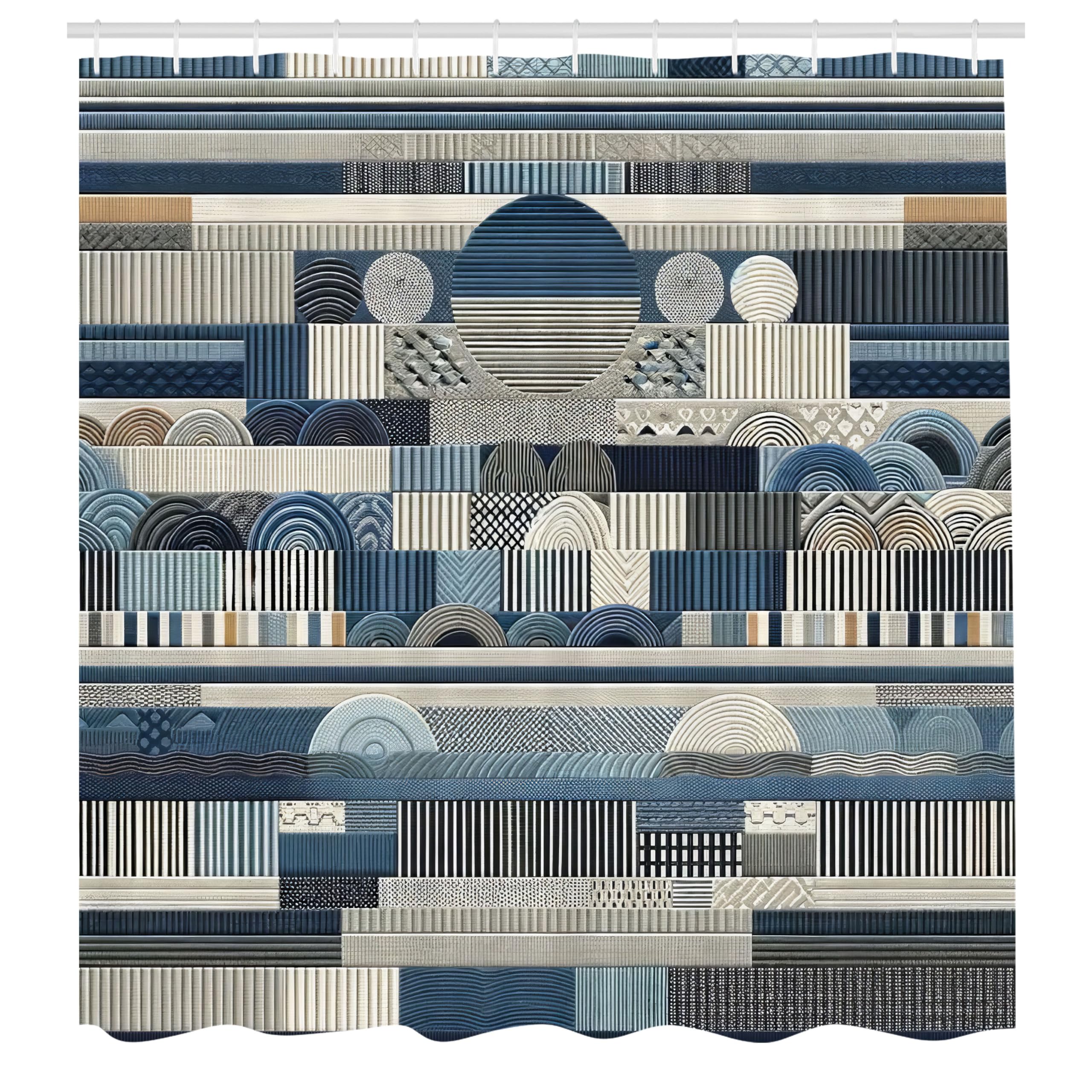 ABAKUHAUS Navy Blue Shower Curtain, Geometric Shapes Stripes, Cloth Fabric Bathroom Decor Set with Hooks, 175 x 200 cm, Slate Blue Almond Ecru