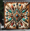 ABAKUHAUS Rustic Shower Curtain, Southwestern Square Feathers, Cloth Fabric Bathroom Decor Set with Hooks, 175 x 200 cm, Turquoise Cocoa Reddish-Brown
