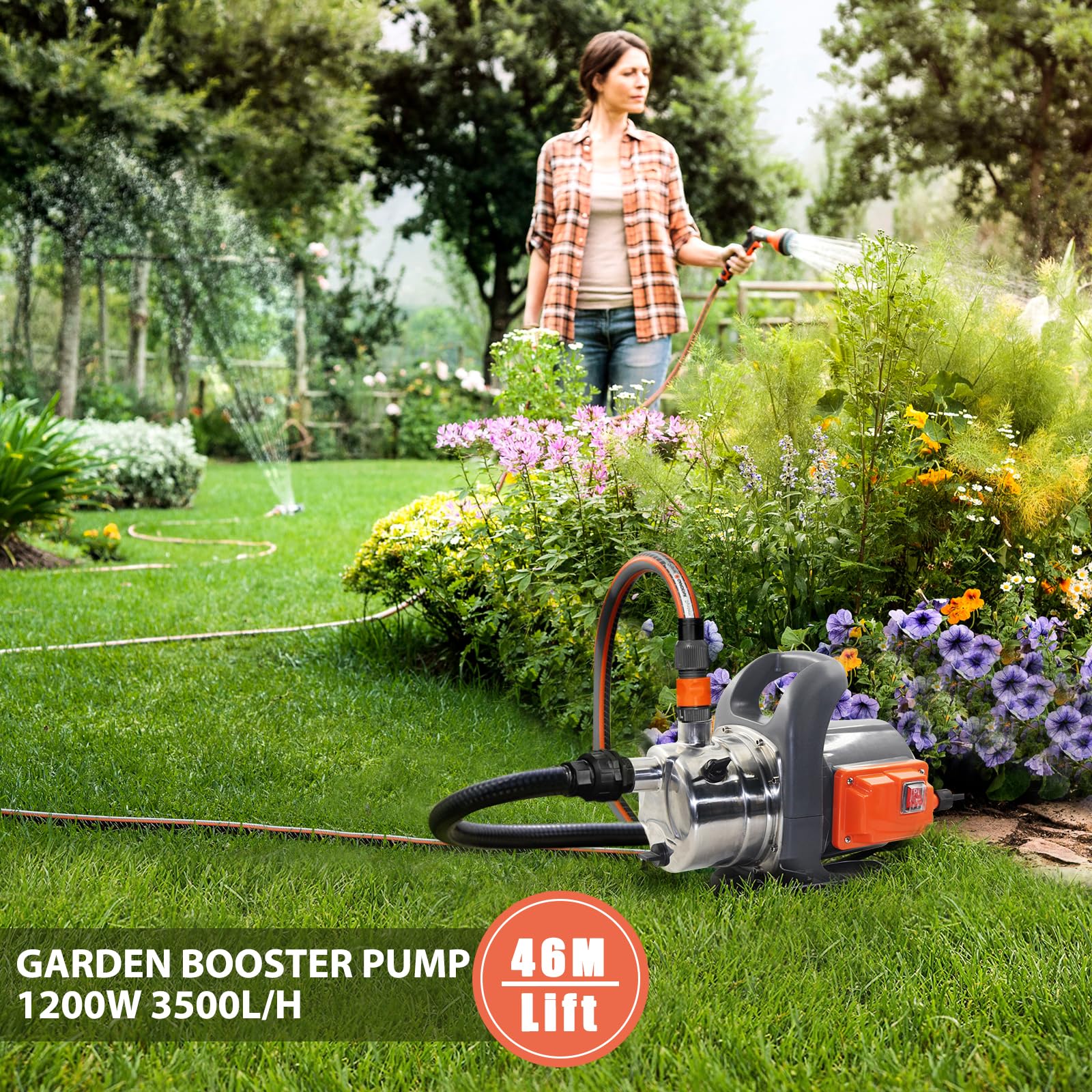 VEATON 1200W Portable Garden Booster Jet Pump, 3500L/H Stainless Steel Pressure Pump, Max Water Lift 46m, 4.6 bar, Transfer Clean Water for Home Lawn