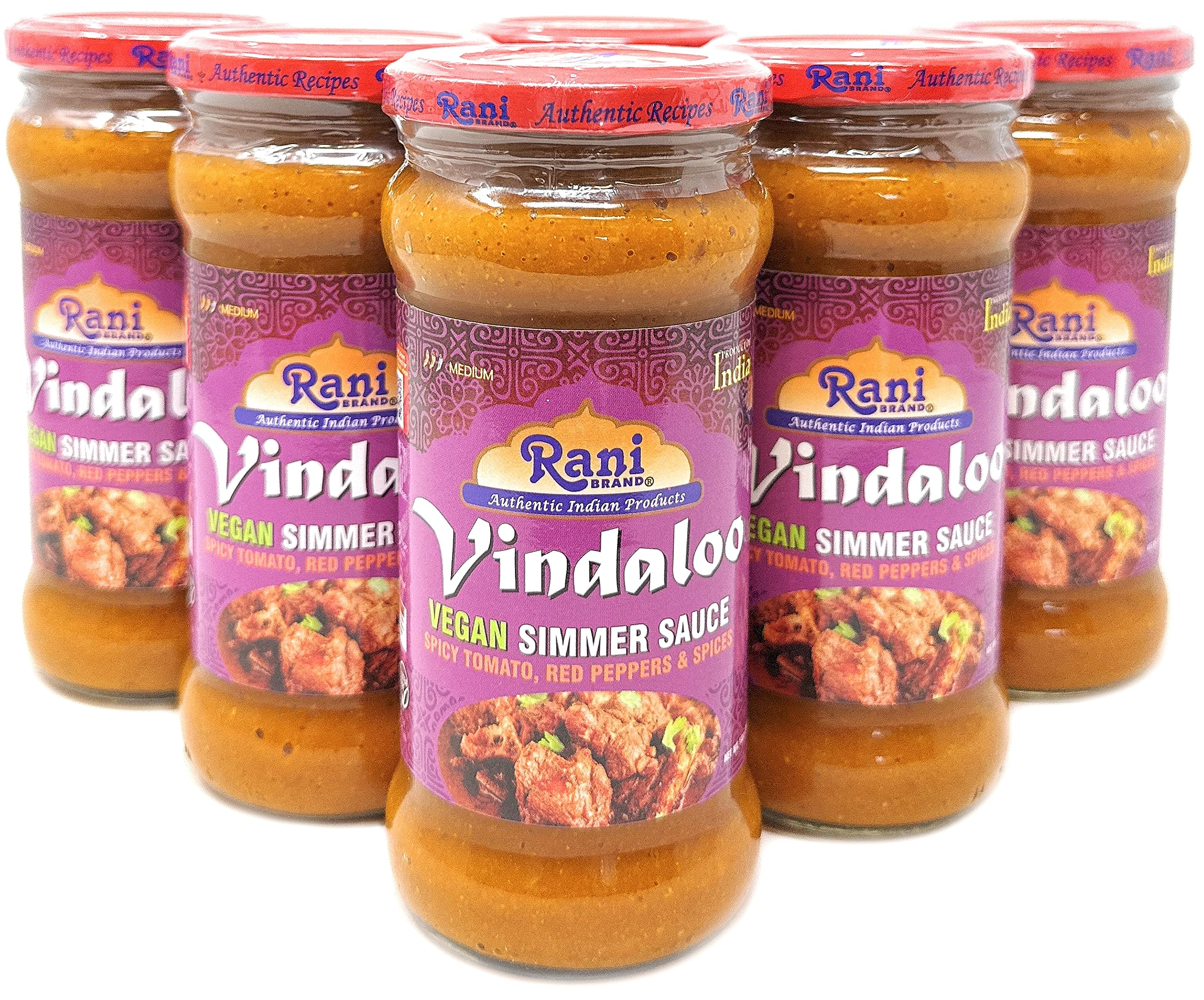 Rani Vindaloo Curry Vegan Simmer Sauce (Spicy Tomato, Red Peppers & Spices) 14oz (400g) Glass Jar, Pack of 5 +1 Free ~ Easy to Use | Vegan | No Colors