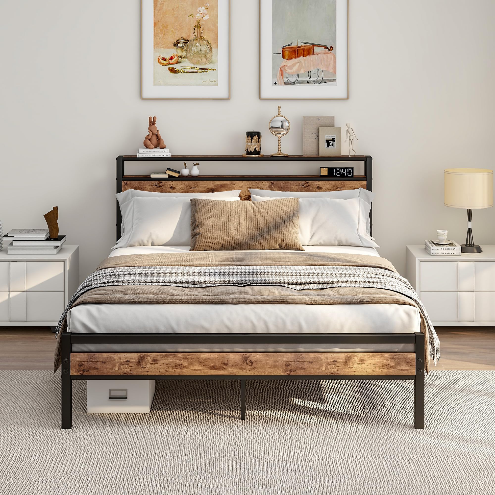 HOJINLINERO King Size Bed Frame with Storage Wooden Headboard,Bed 150x200 cm,Metal Bed Frame Kingsize Bed Base Mattress Foundation,Metal Slats
