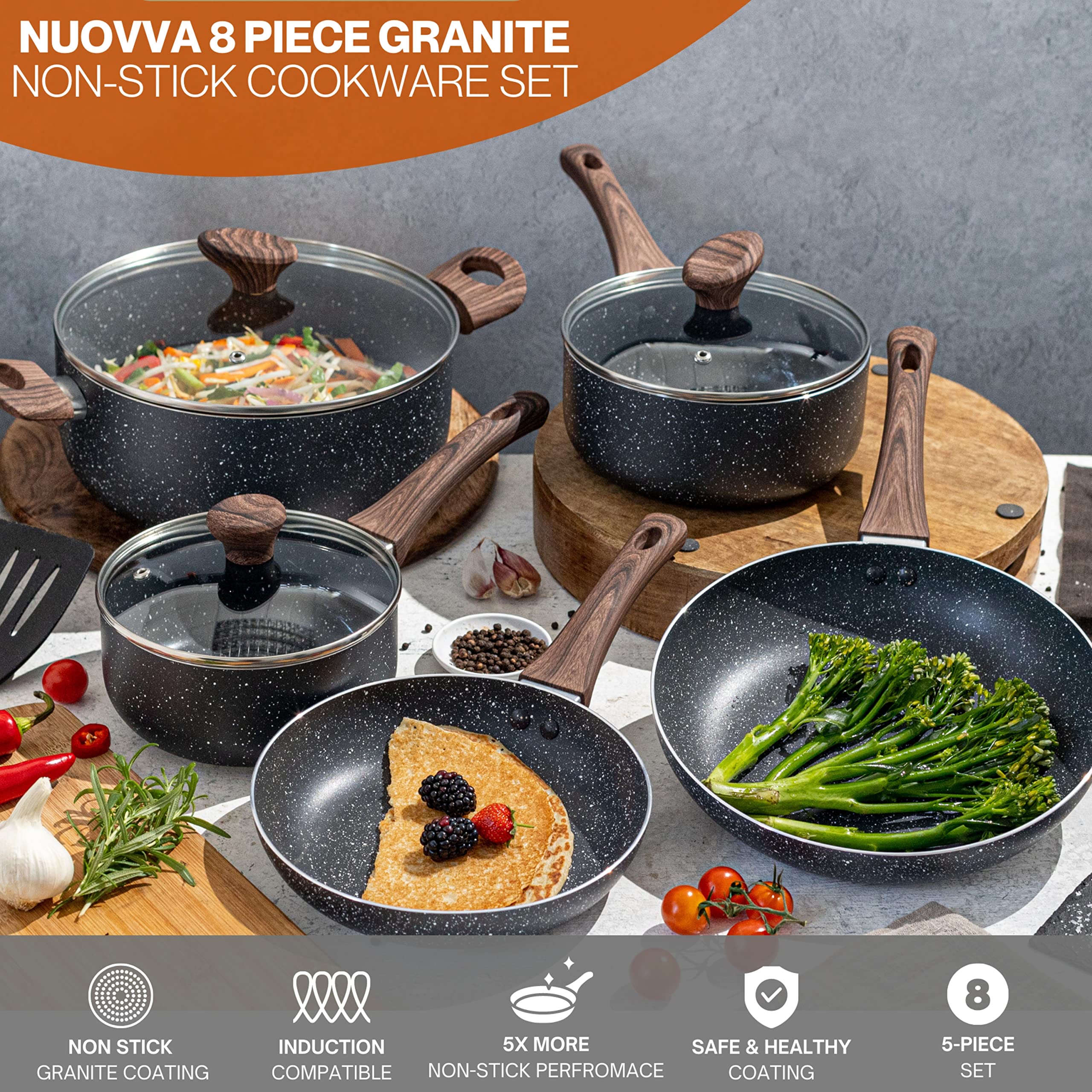 Non Stick Pots and Pans Set  Induction Hob Pot Set  8pcs Kitchen Cookware with Lids  Cooking Marble Saucepan Pots and Frying Pans  by Nuovva
