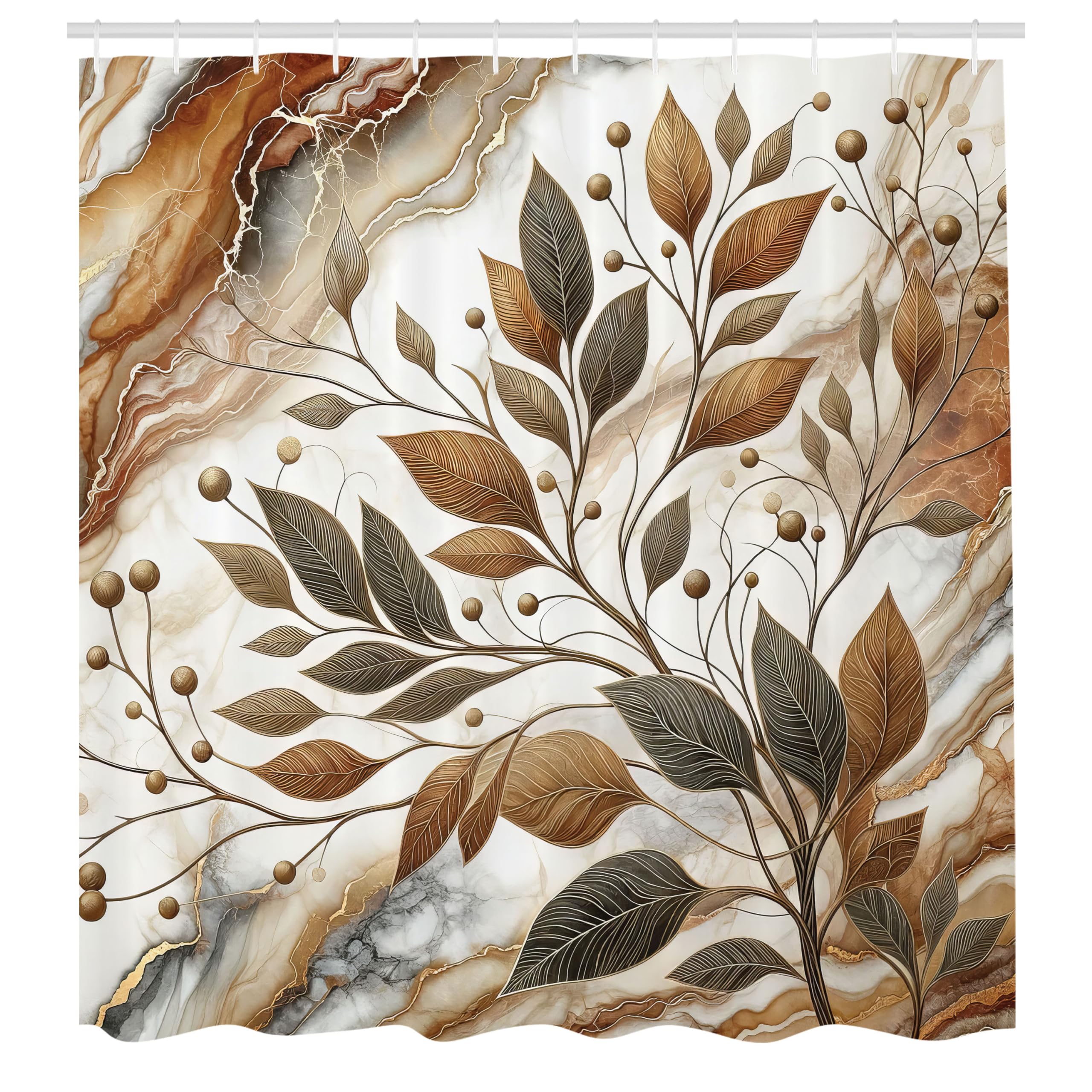 ABAKUHAUS Brown Shower Curtain, Leaves Autumnal Marble Print, Cloth Fabric Bathroom Decor Set with Hooks, 175 x 200 cm, Cinnamon Dark Sepia