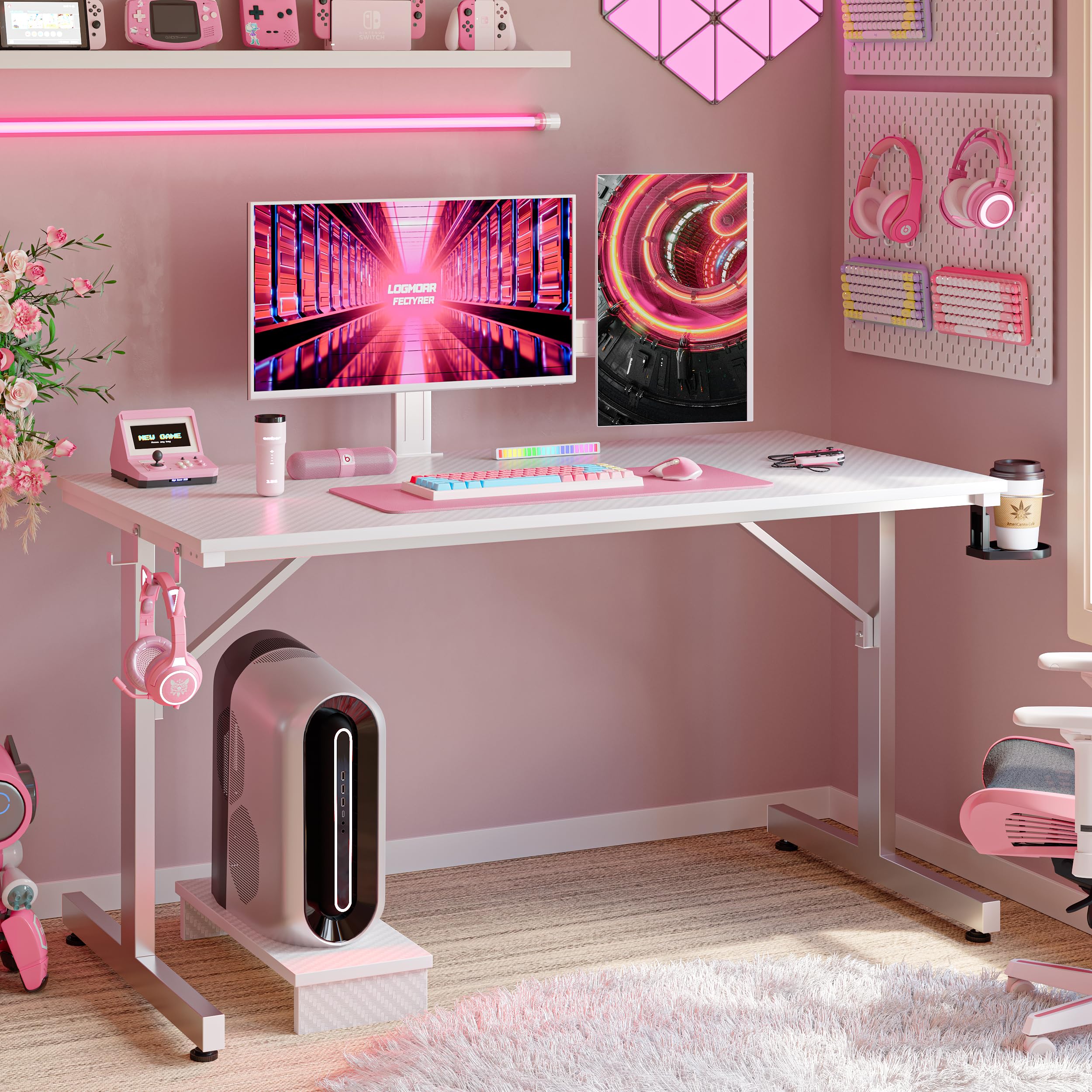 Bestier Small Gaming Desk with Monitor Stand, 106.6 CM LED Computer Desk, Gamer Workstation with Cup Holder & Headset Hooks, Modern Simple Style Desk