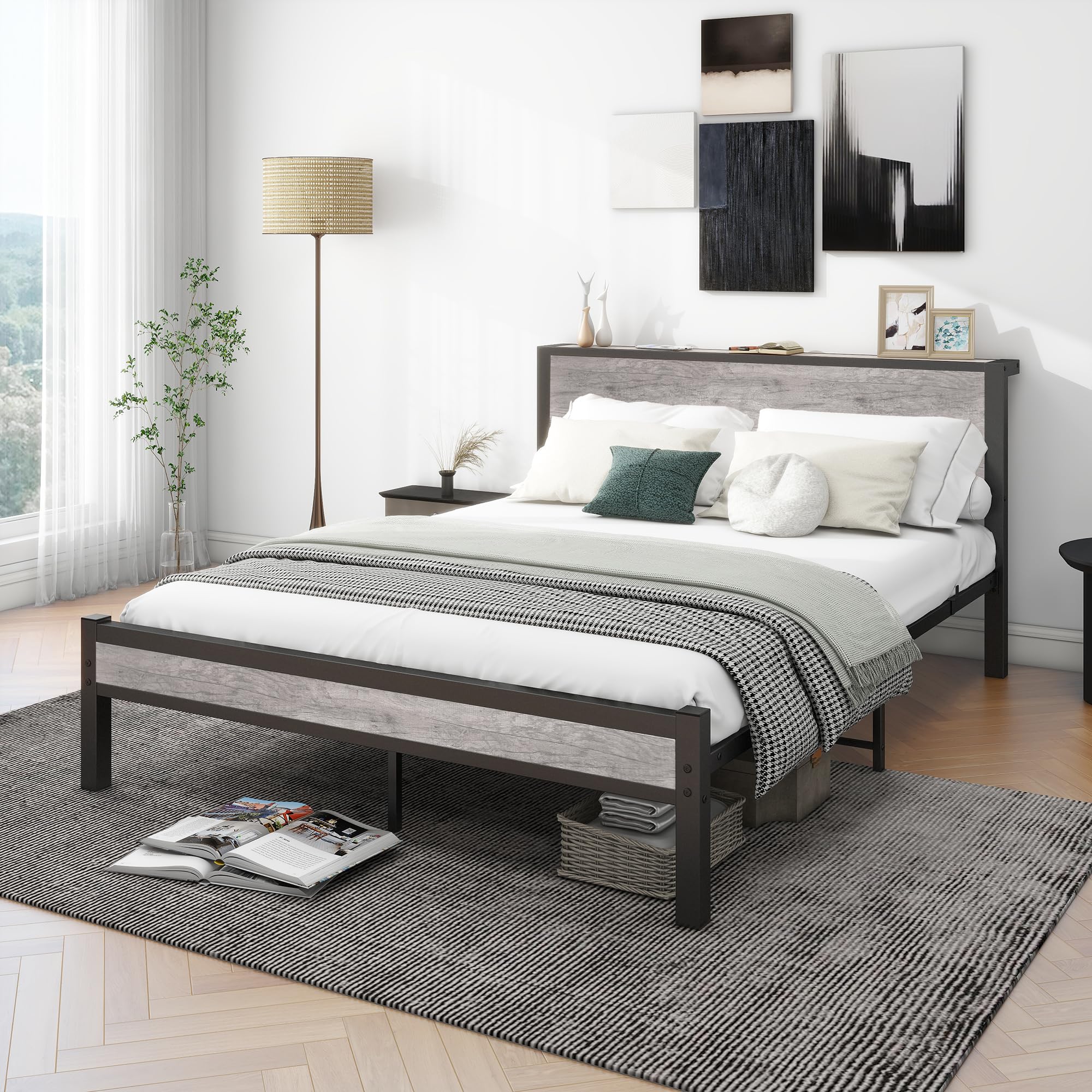 Diahomy King Size Bed Frame with Storage Headboard Metal Platform Bed Frames/Mattress Base/Underbed Storage/No Box Spring Needed/Gray Bed Frame King