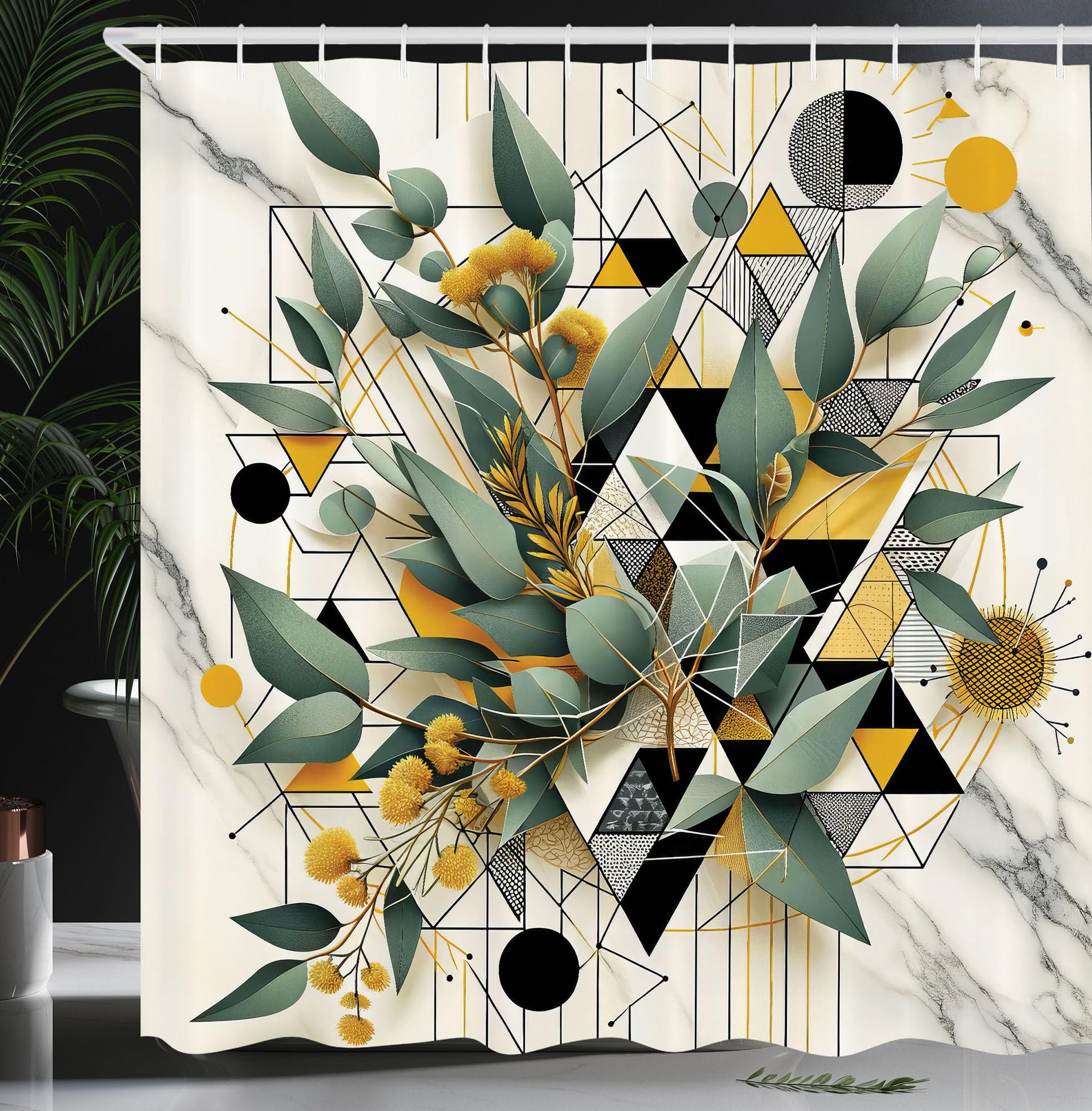 ABAKUHAUS Eucalyptus Leaves Shower Curtain, Blossomy Leaf Art, Cloth Fabric Bathroom Decor Set with Hooks, 175 x 200 cm, Green Black Mustard