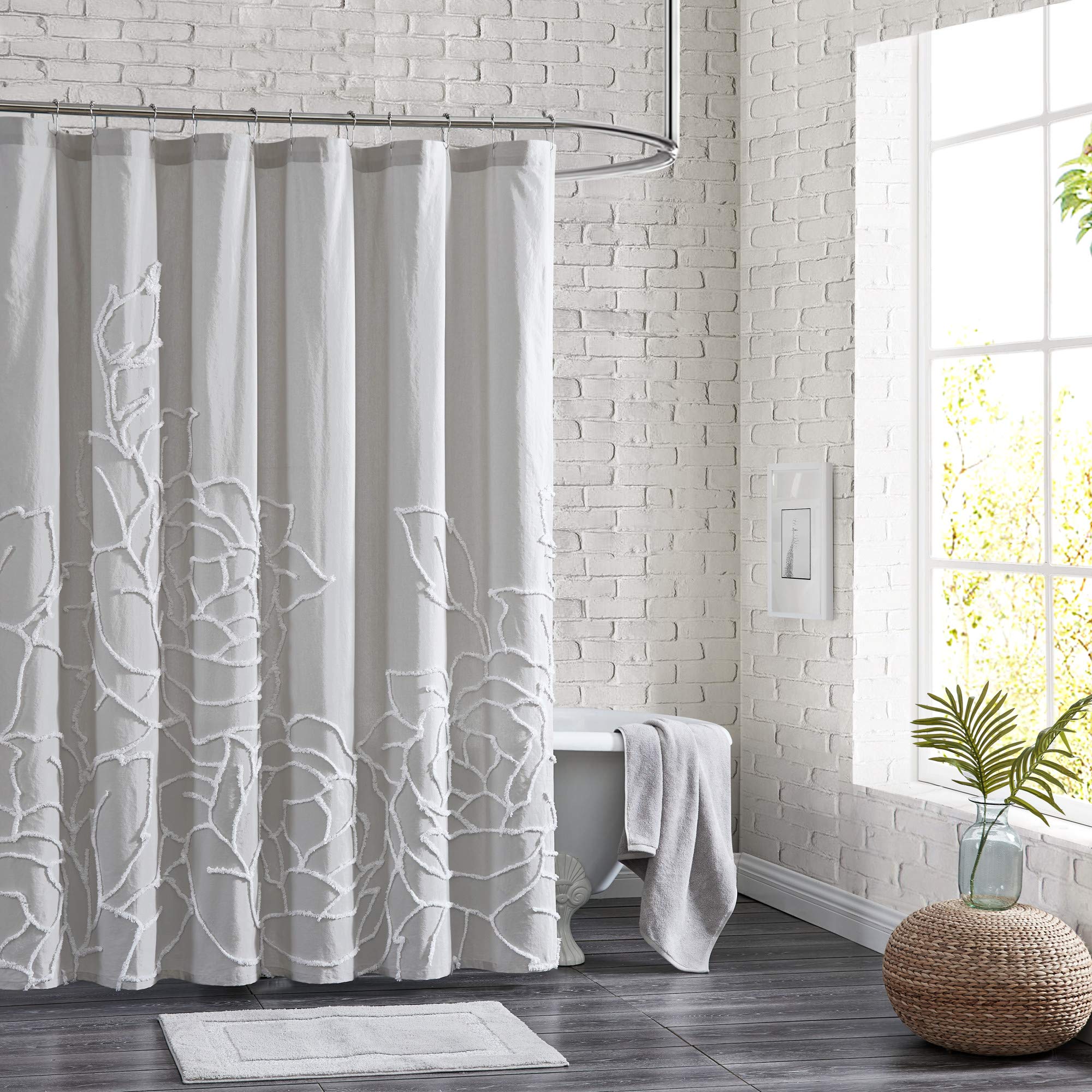 Peri Home 100% Cotton Fabric Shower Curtain for Bathroom, 72 x 72 inches, Grey Chenille Rose