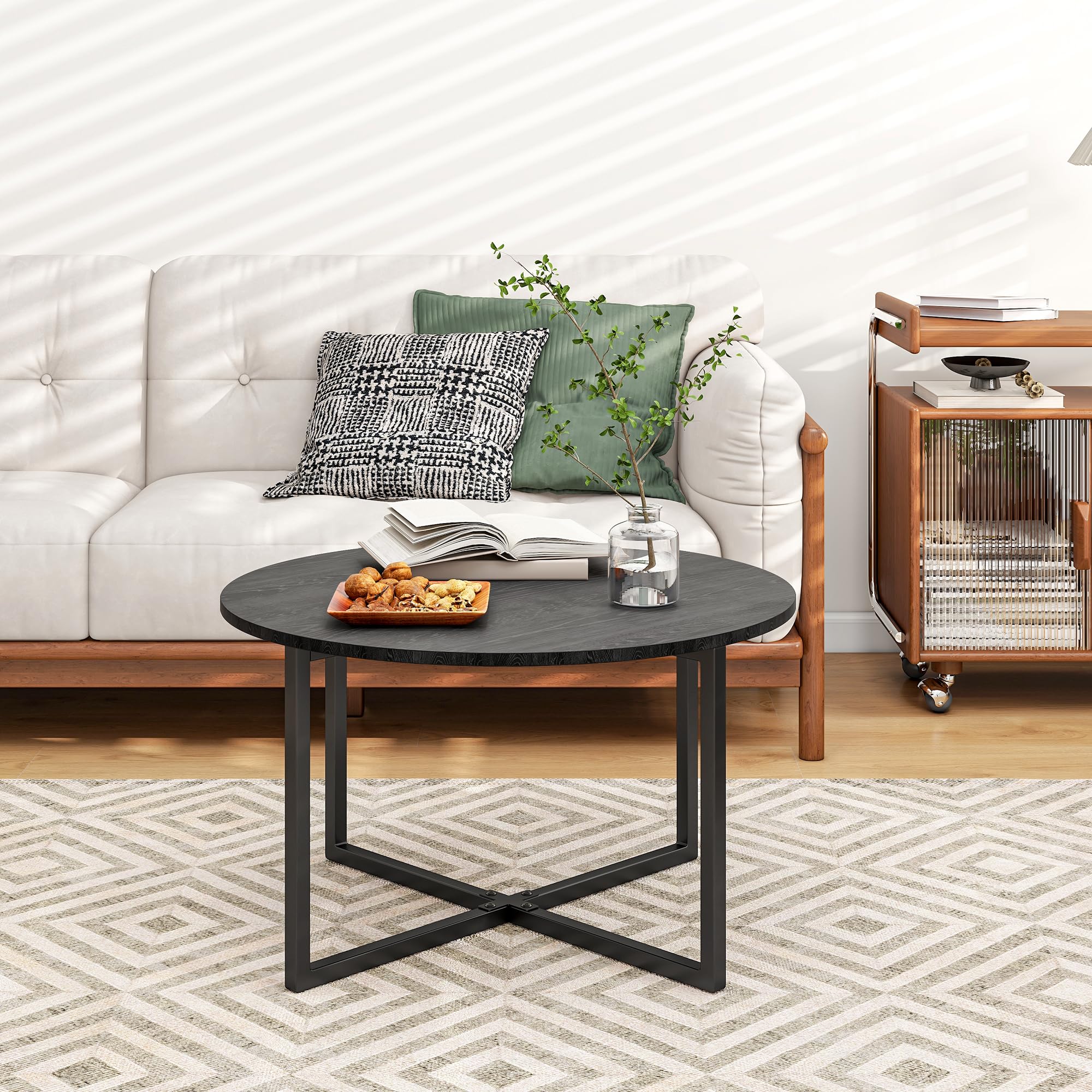 BOFENG Round Coffee Table Tea Table End Table Sofa Table for Living Room with Metal Legs,Black+Black