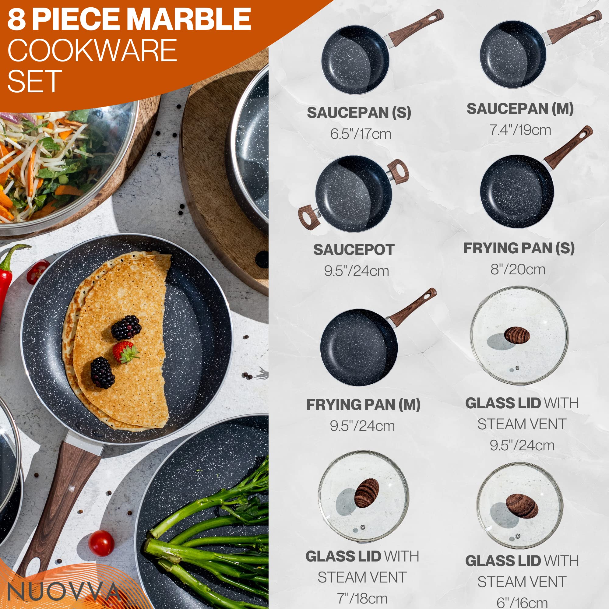 Non Stick Pots and Pans Set  Induction Hob Pot Set  8pcs Kitchen Cookware with Lids  Cooking Marble Saucepan Pots and Frying Pans  by Nuovva