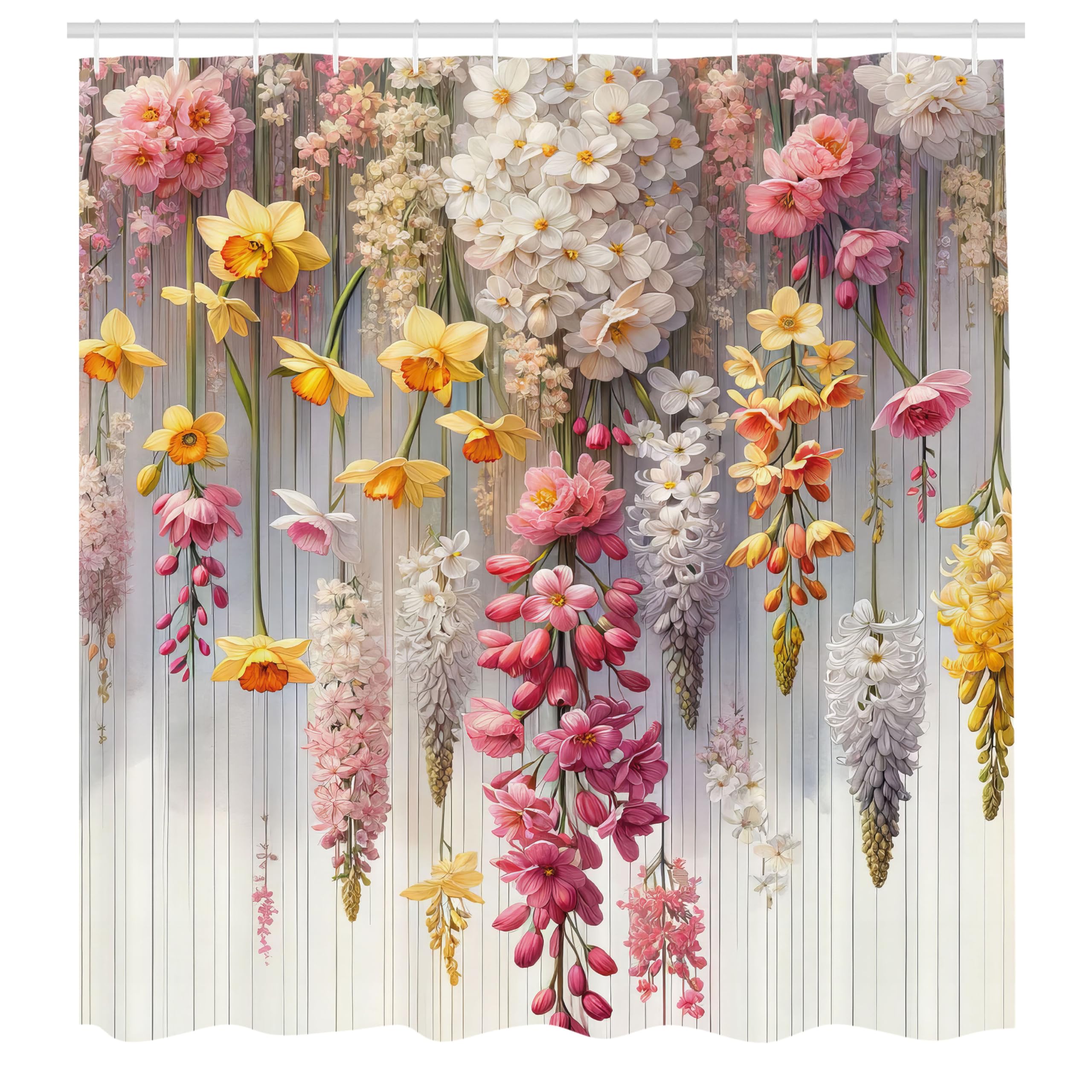 ABAKUHAUS Spring Shower Curtain, Farmhouse Dreamy Lavenders, Cloth Fabric Bathroom Decor Set with Hooks, 175 x 200 cm, Mustard Yellow Dried Rose Pearl