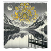 ABAKUHAUS Lake Shower Curtain, Mandala and Mountain Panorama, Cloth Fabric Bathroom Decor Set with Hooks, 175 x 200 cm, Yellow Grey