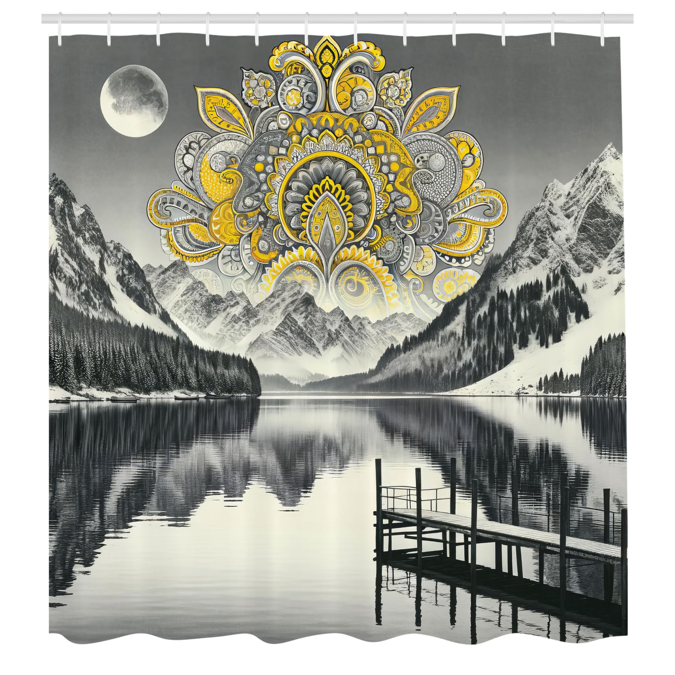 ABAKUHAUS Lake Shower Curtain, Mandala and Mountain Panorama, Cloth Fabric Bathroom Decor Set with Hooks, 175 x 200 cm, Yellow Grey