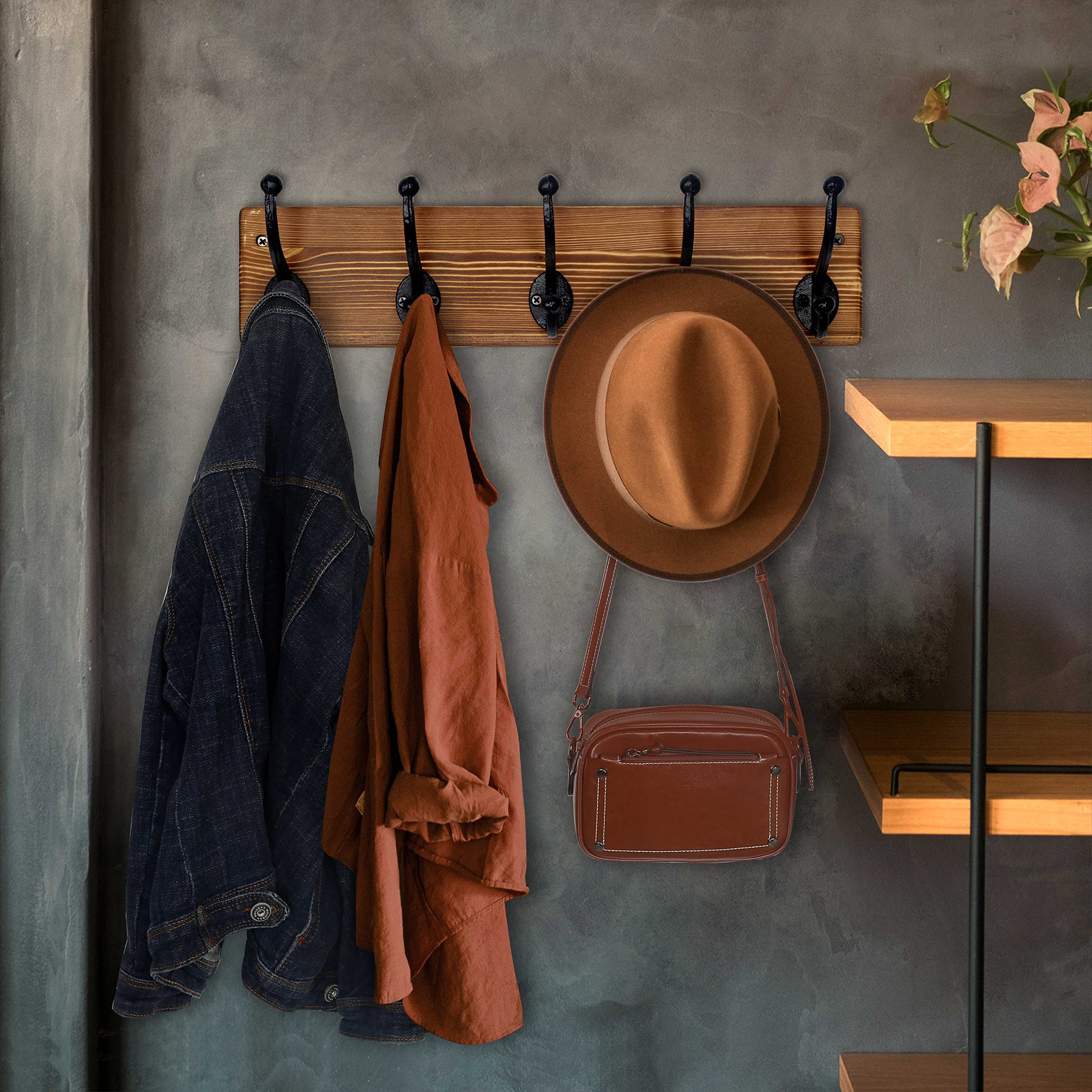 WEBI Rustic Coat Rack Wall Mount,5 Cast Iron Coat Hooks Wall Mounted,Heavy Duty Wall Coat Hanger Hooks for Hanging Coats,Clothes,Rustic Brown,2 Packs