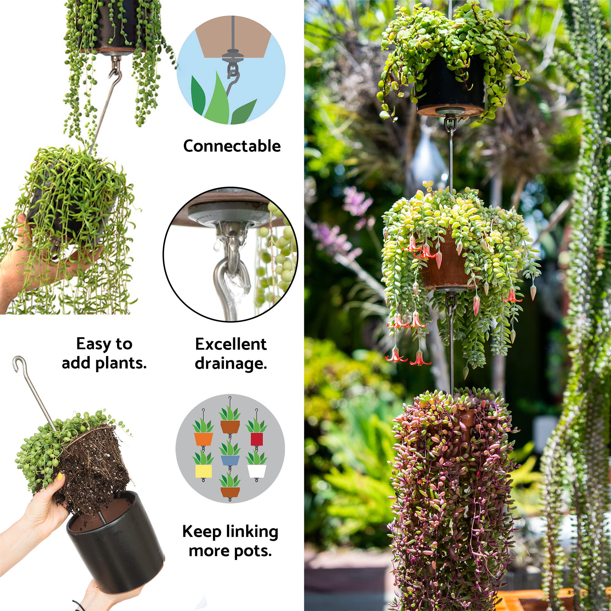 SkyPots ? Two Pack, Pot Hanger Kits + Accessories - Hang and Connect Your Clay Pots, Stainless Steel - Indoor/Outdoor - Connectable Hanging Planter